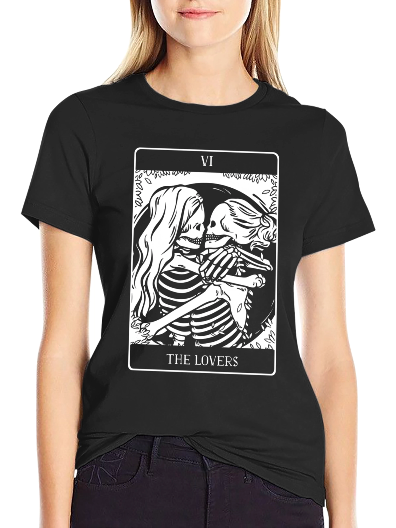 The Lovers Tarot Card Skeleton Graphic Black T-Shirt