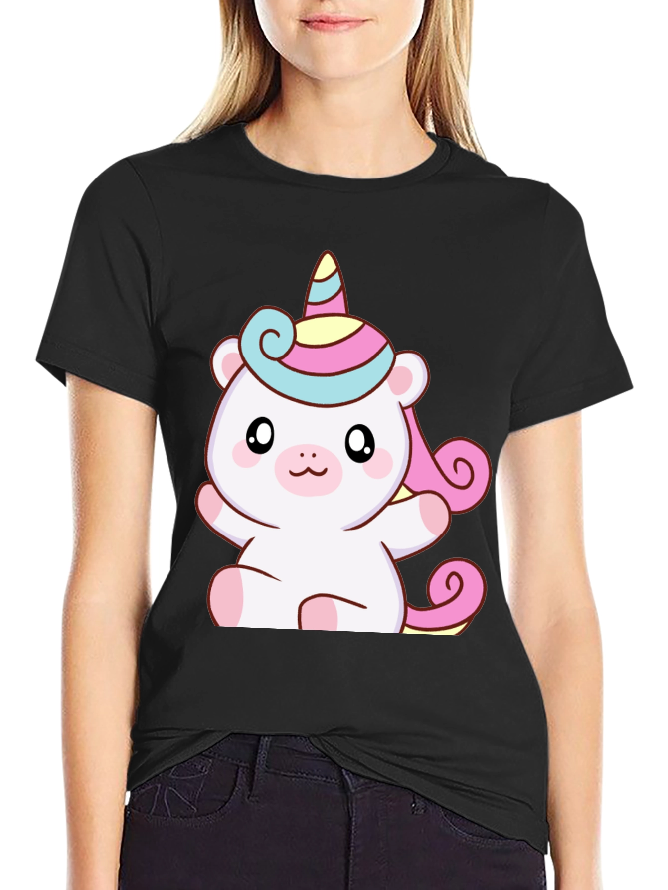 Cute Unicorn Bear Graphic Black T-Shirt