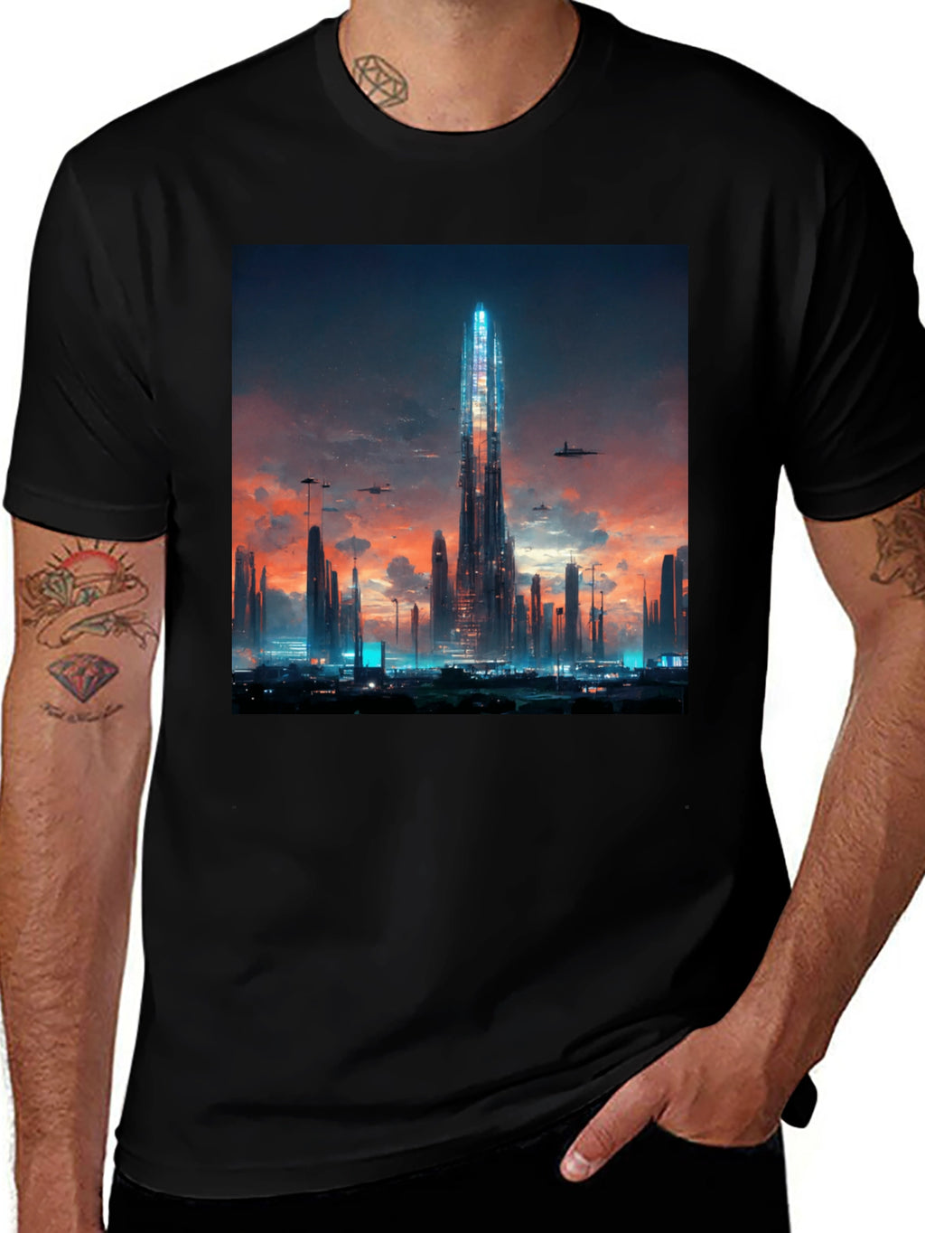 Futuristic Cityscape Black T-Shirt