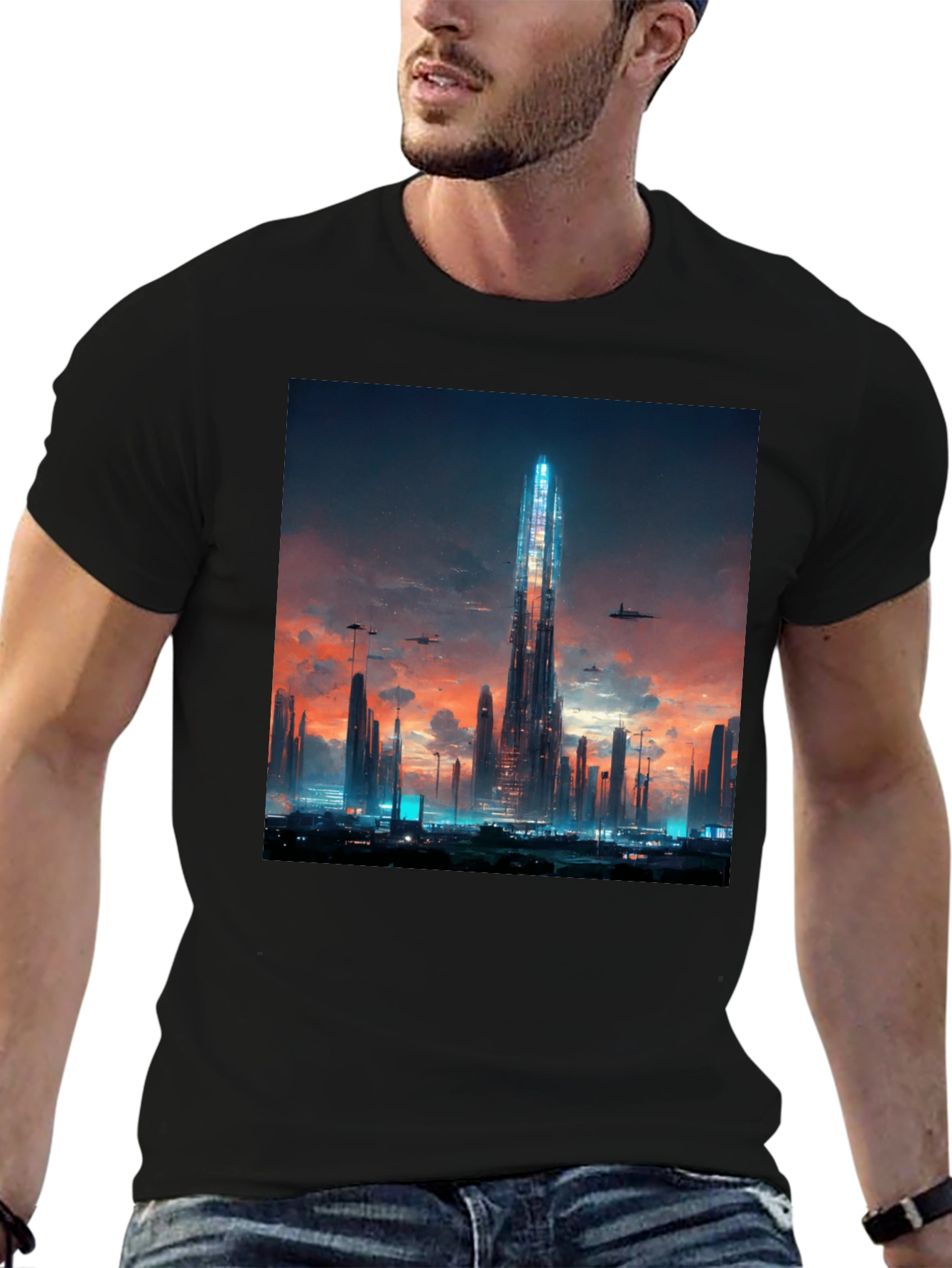 Futuristic Cityscape Black T-Shirt