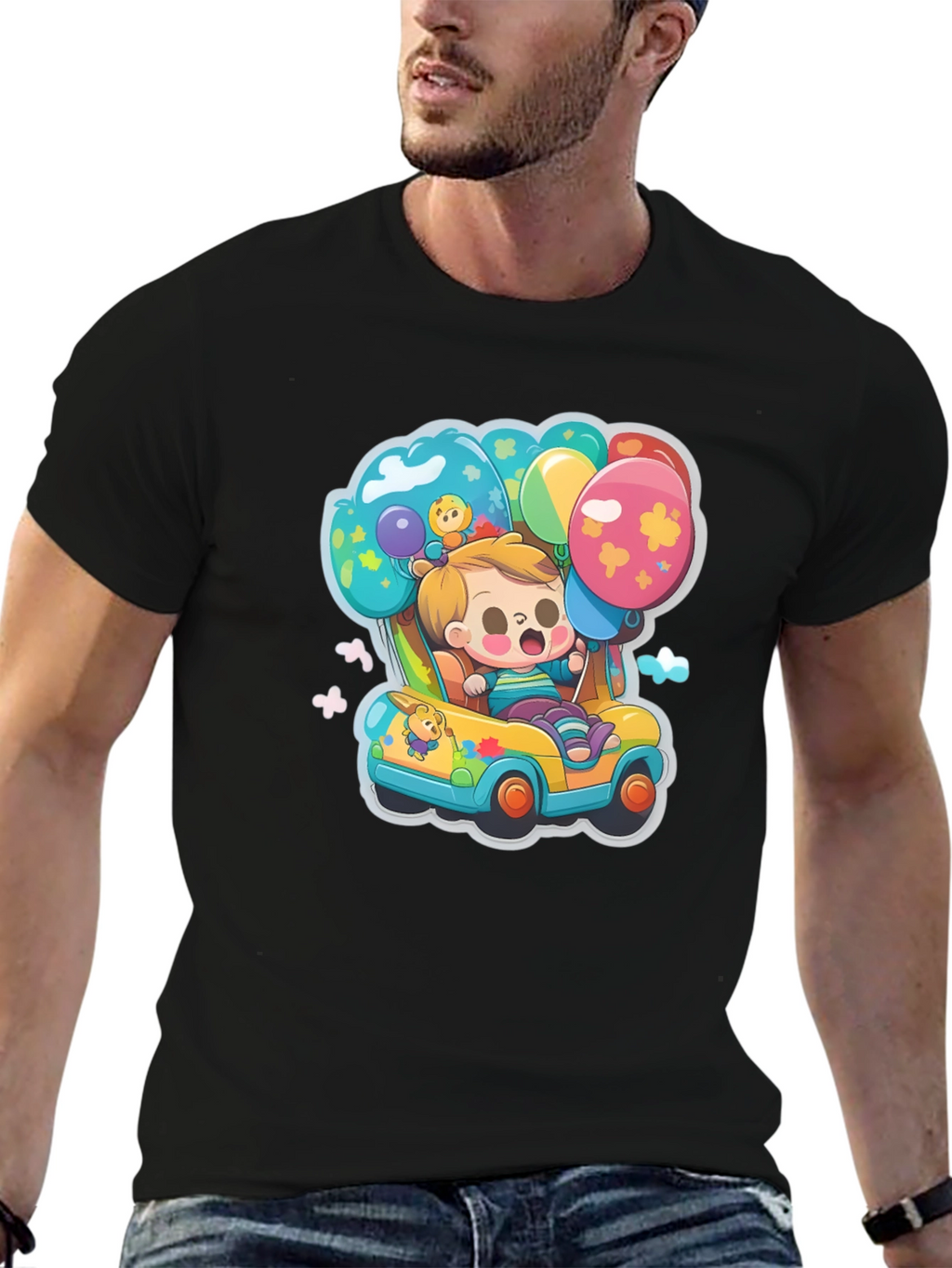 Cartoon Car & Balloons Graphic T-Shirt