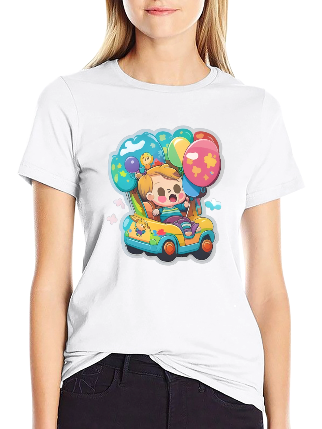 Cartoon Car & Balloons Graphic T-Shirt