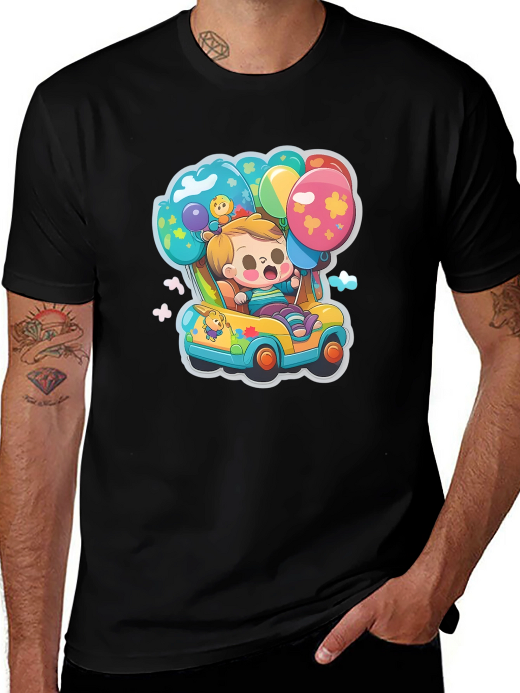 Cartoon Car & Balloons Graphic T-Shirt