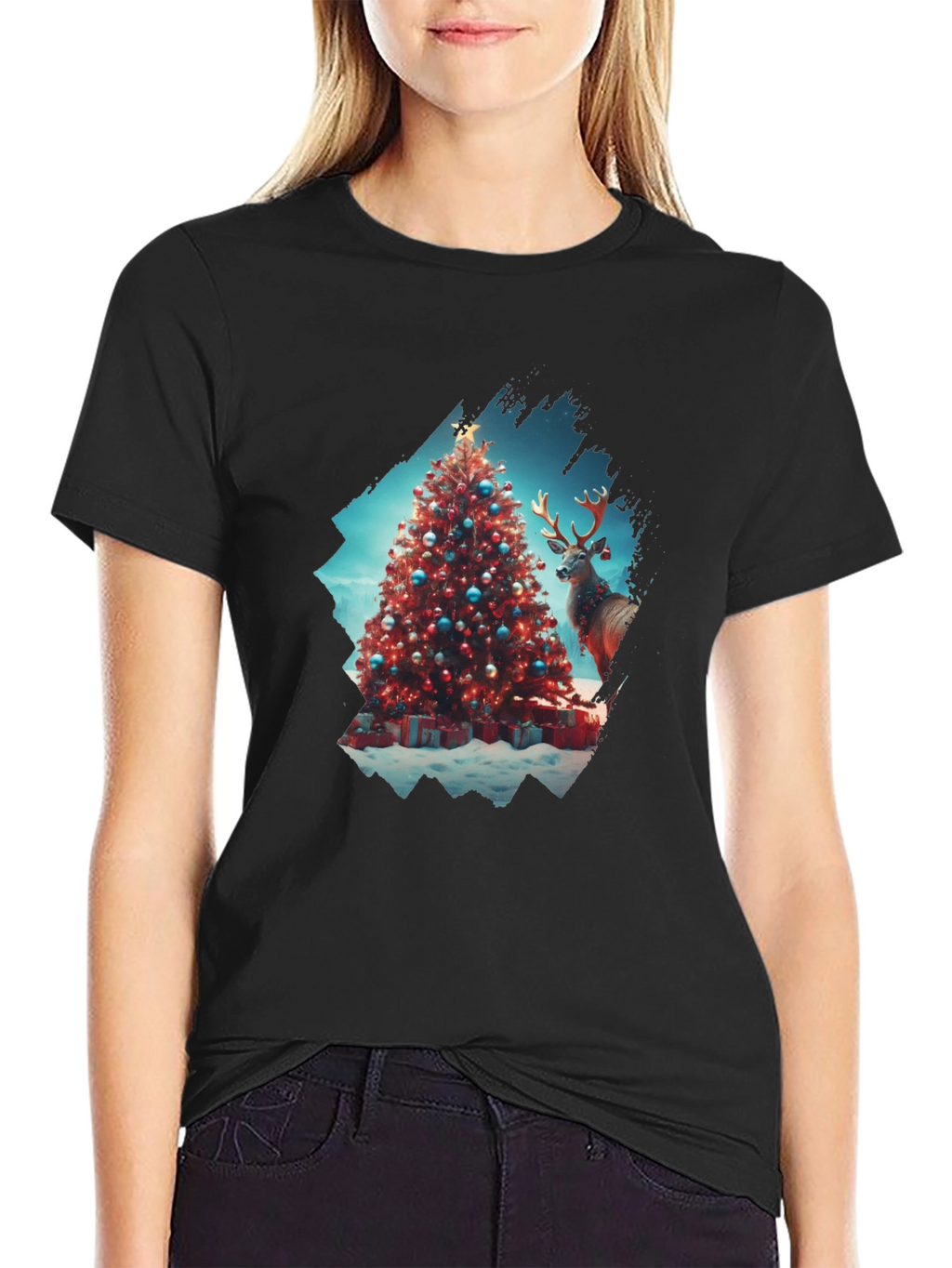 Festive Christmas Tree & Reindeer Graphic Tee
