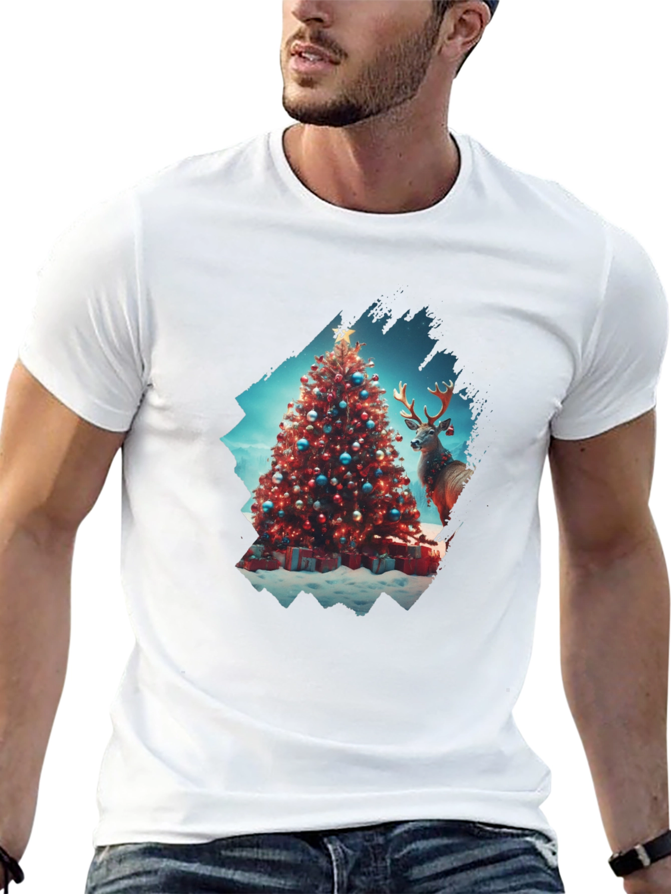 Festive Christmas Tree & Reindeer Graphic Tee