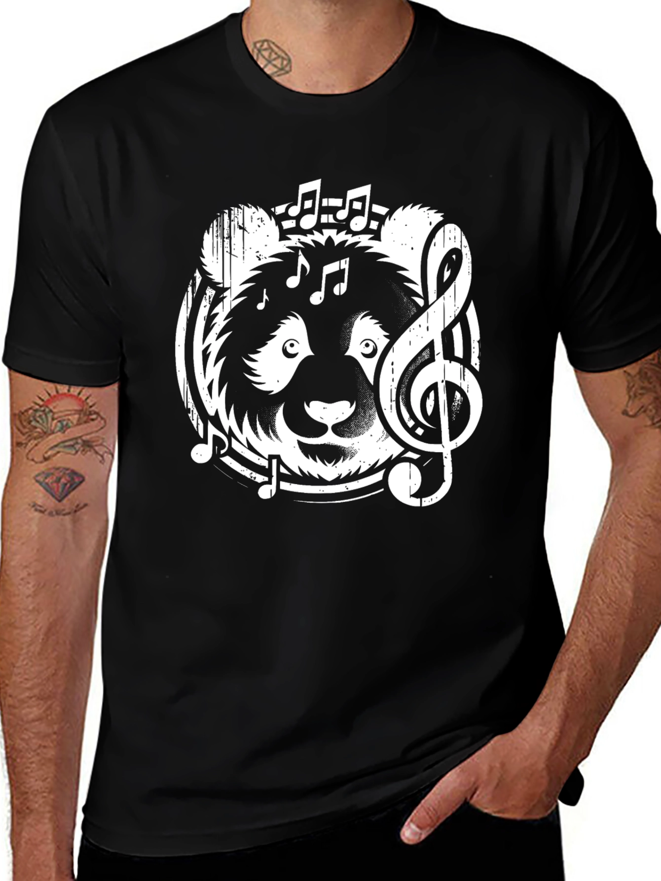 Musical Panda Graphic T-Shirt - Black Crew Neck Tee