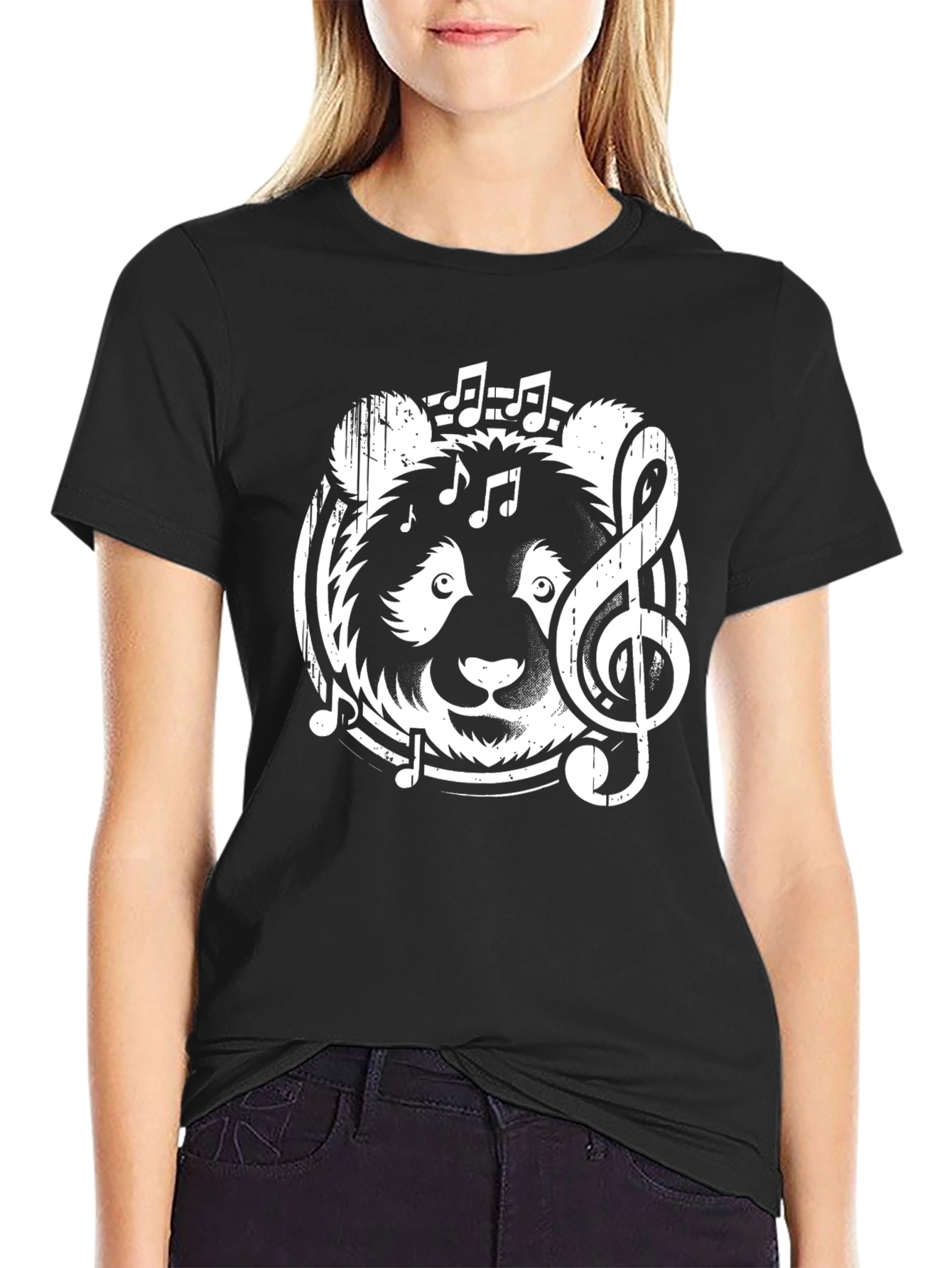 Musical Panda Graphic T-Shirt - Black Crew Neck Tee