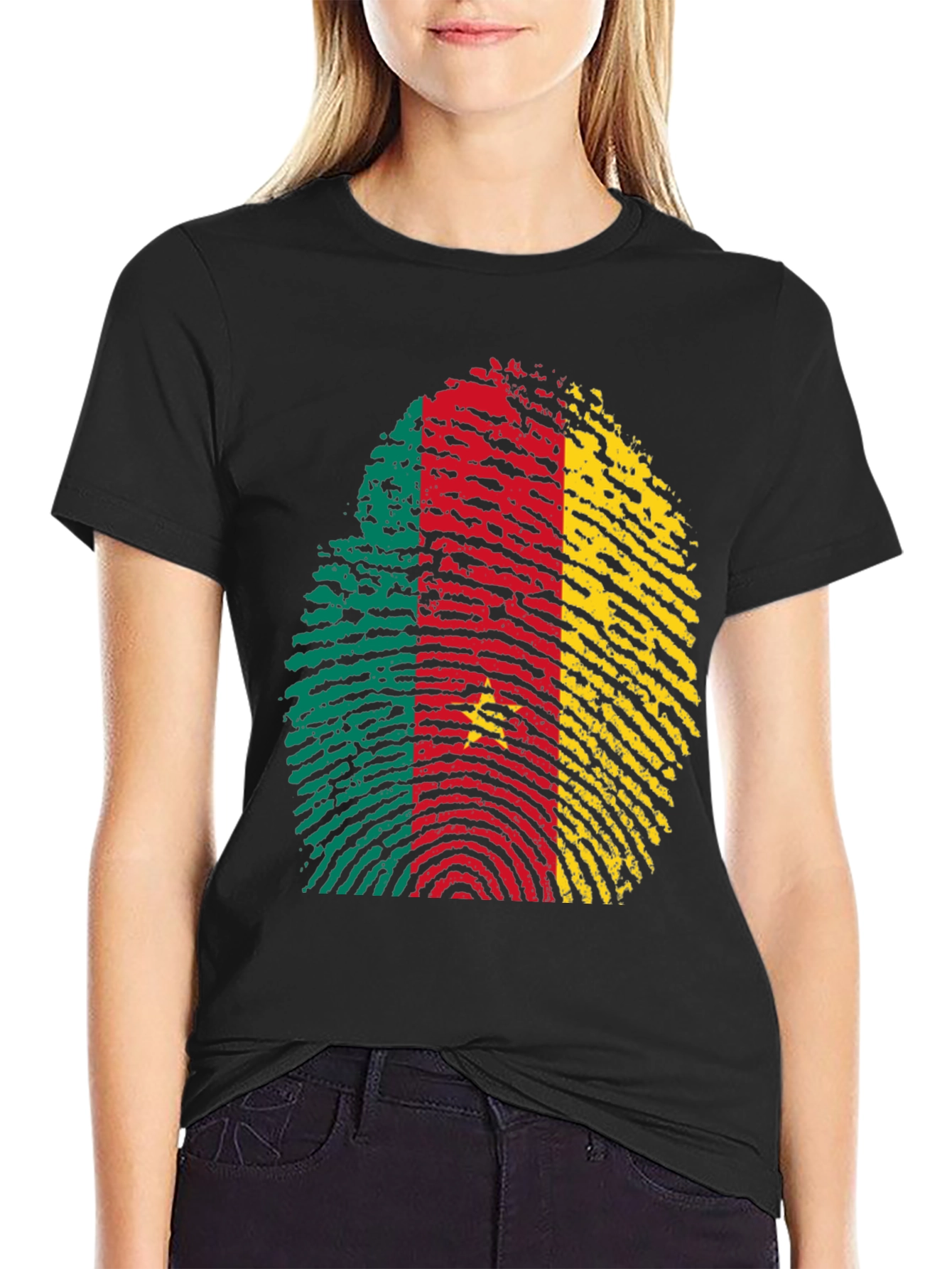 Cameroon Flag Fingerprint Black T-Shirt
