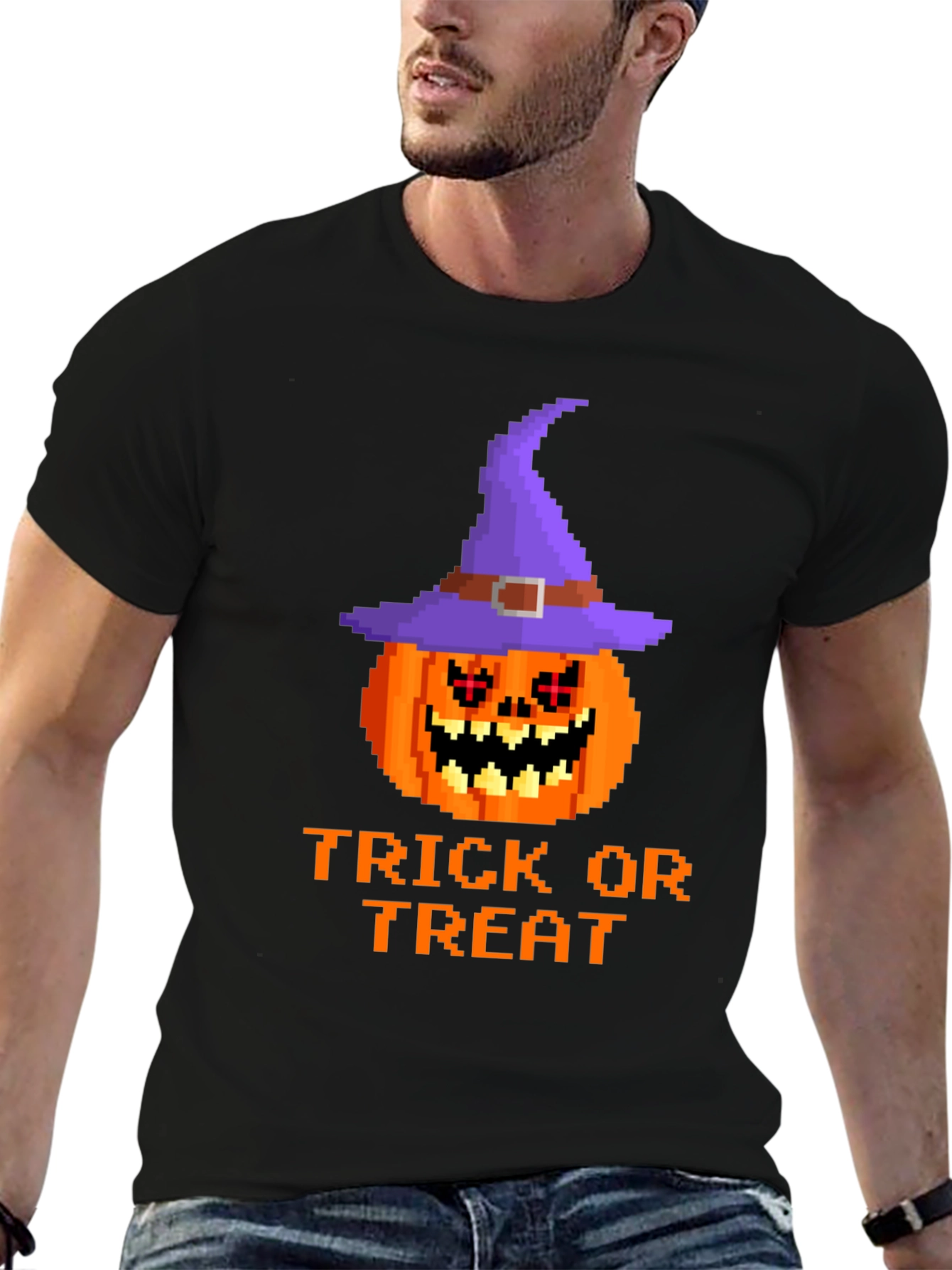 Halloween Pixel Pumpkin Witch Hat T-Shirt