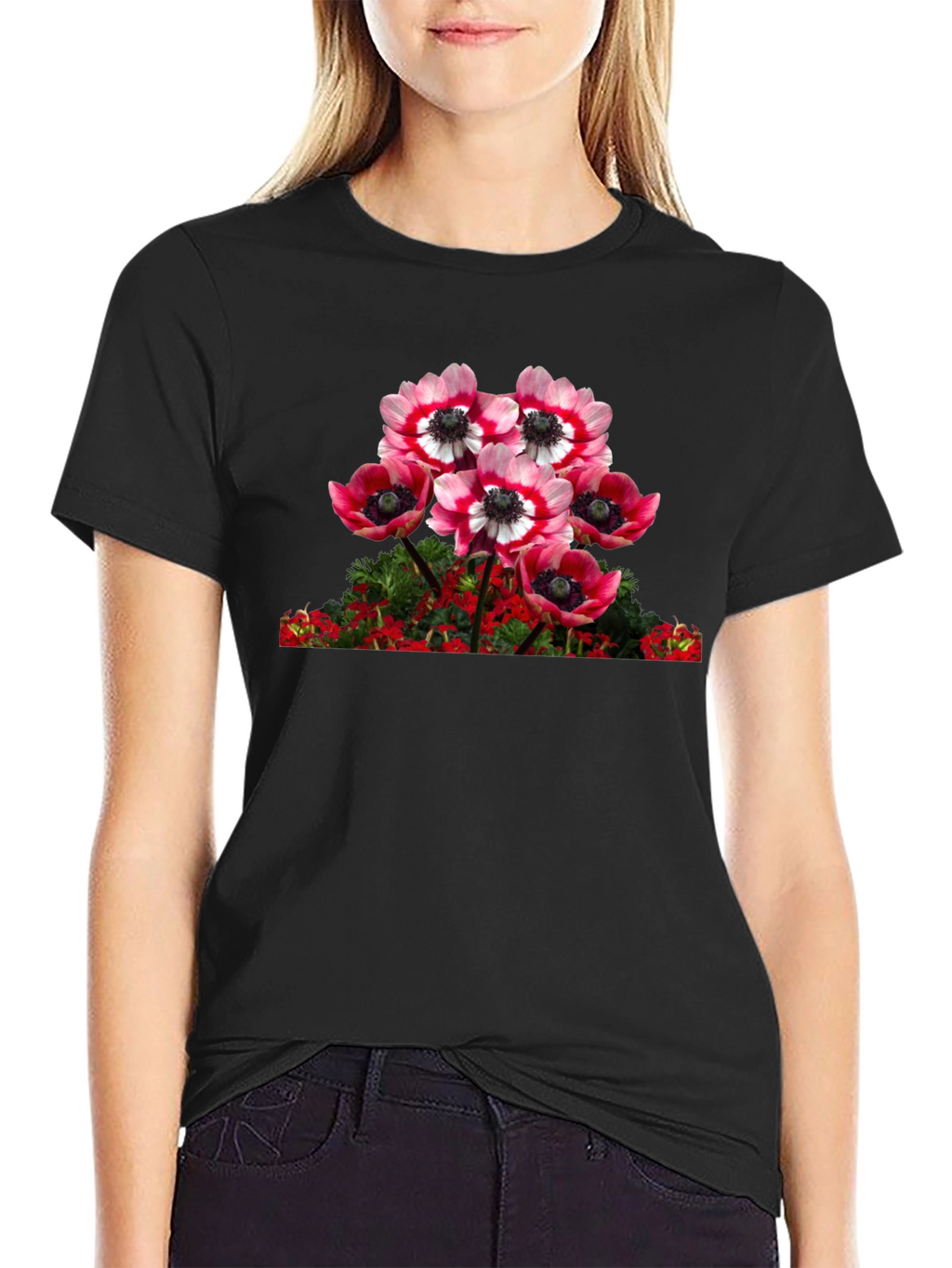 Floral Anemone Graphic Tee - Black Cotton Blend