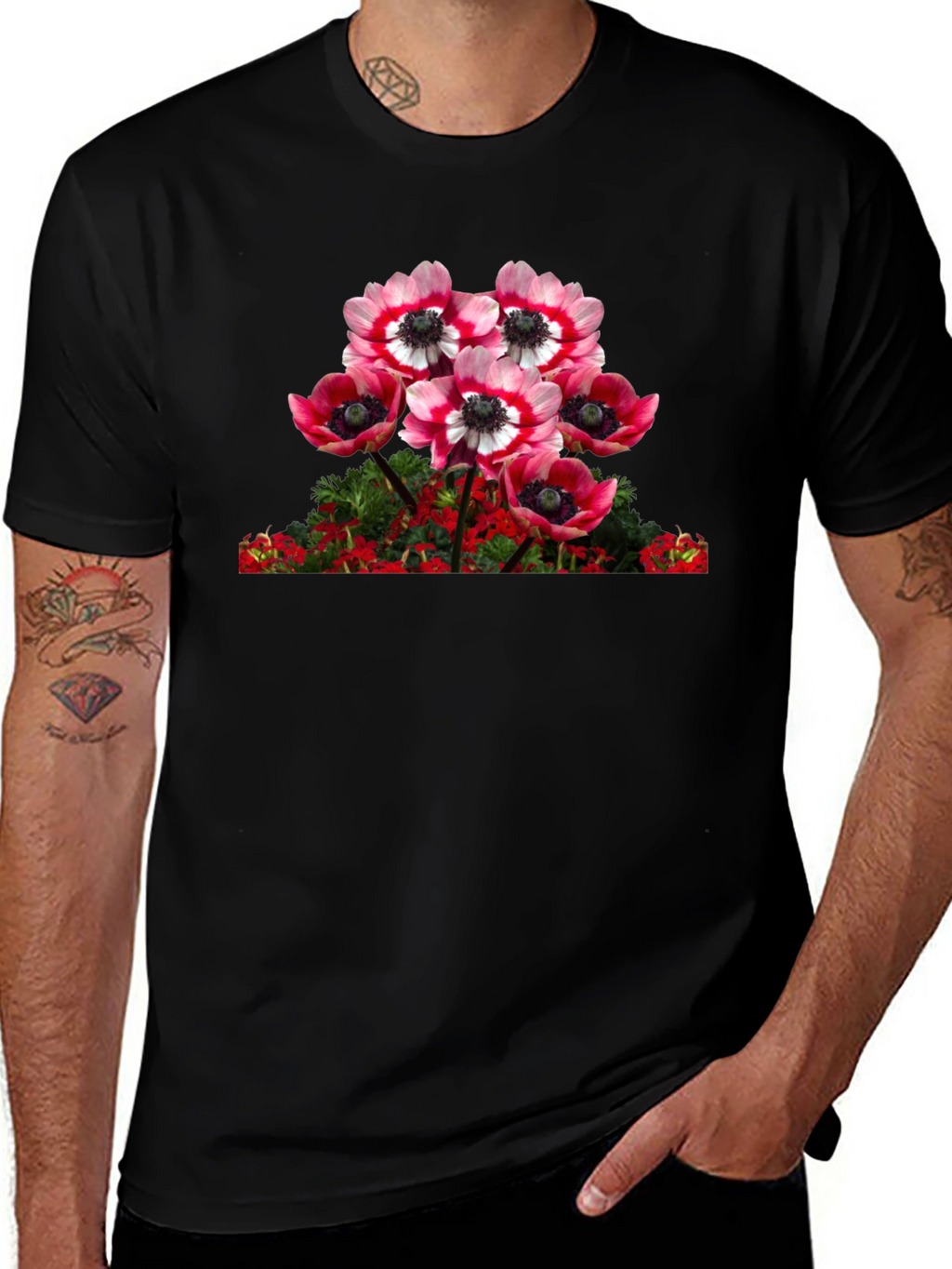 Floral Anemone Graphic Tee - Black Cotton Blend