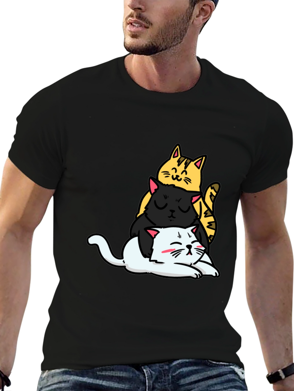 Stacked Cats Graphic Tee - Black Cotton T-Shirt