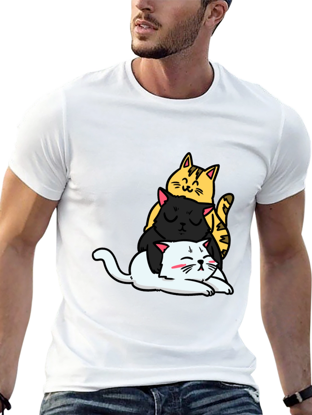 Stacked Cats Graphic Tee - Black Cotton T-Shirt