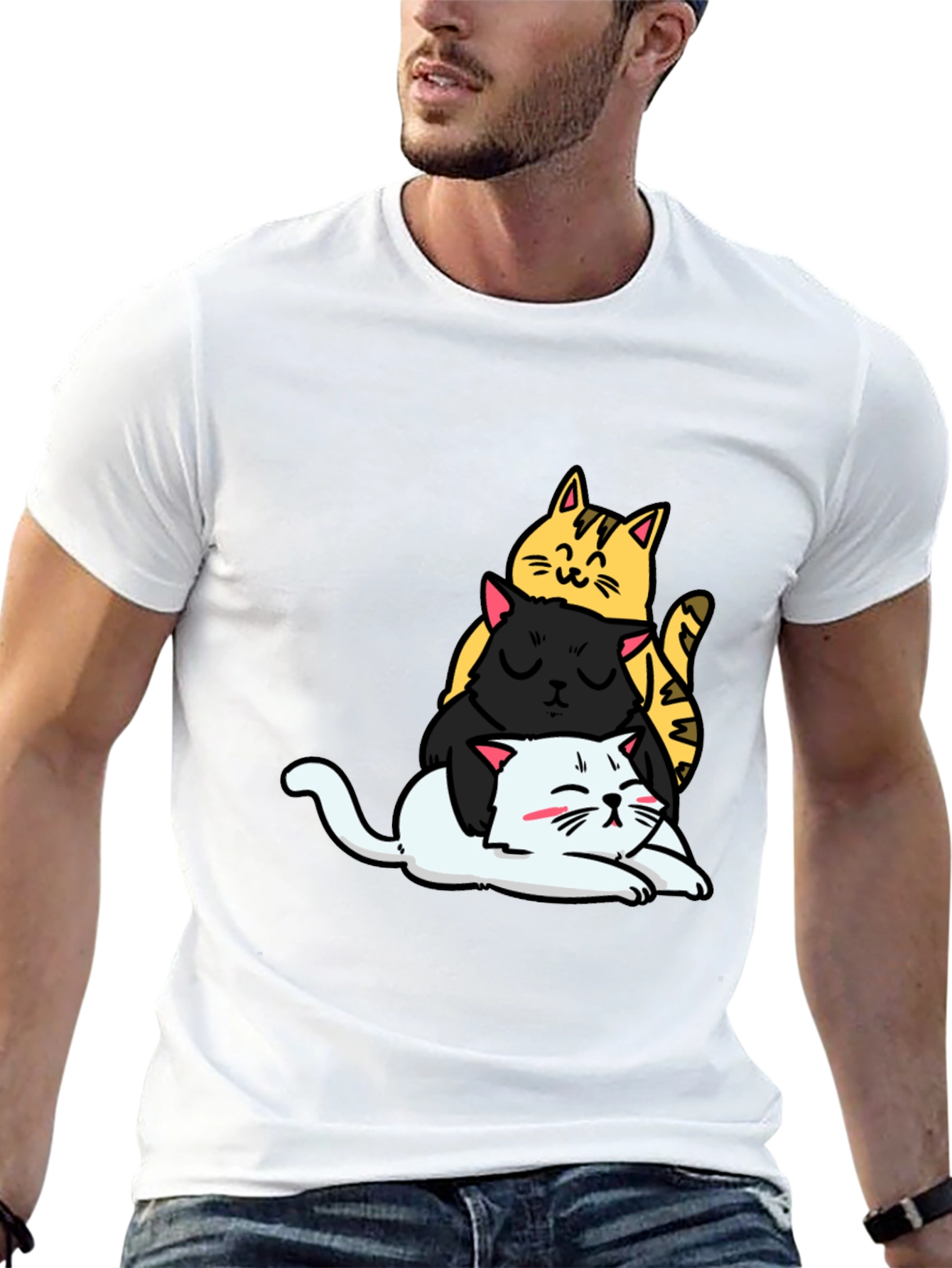 Stacked Cats Graphic Tee - Black Cotton T-Shirt