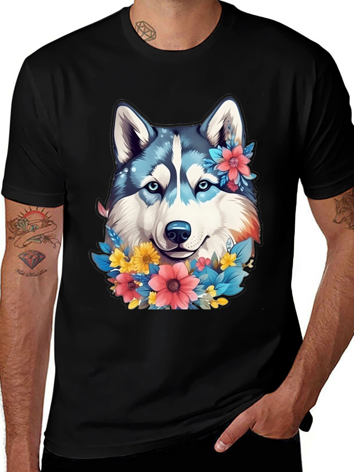 Floral Husky Graphic Tee - Unisex Black T-Shirt
