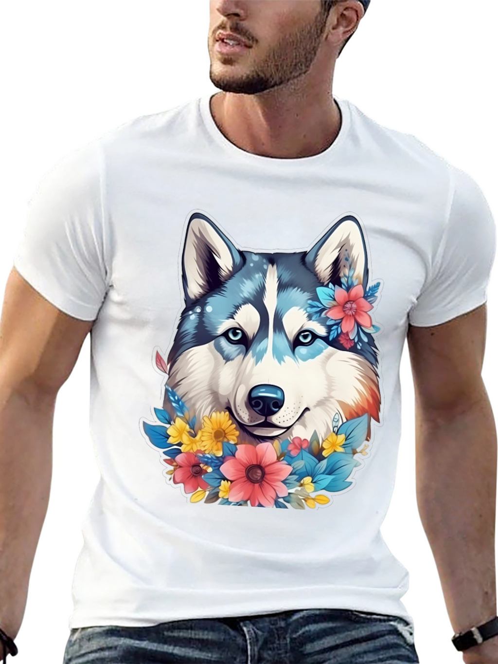 Floral Husky Graphic Tee - Unisex Black T-Shirt