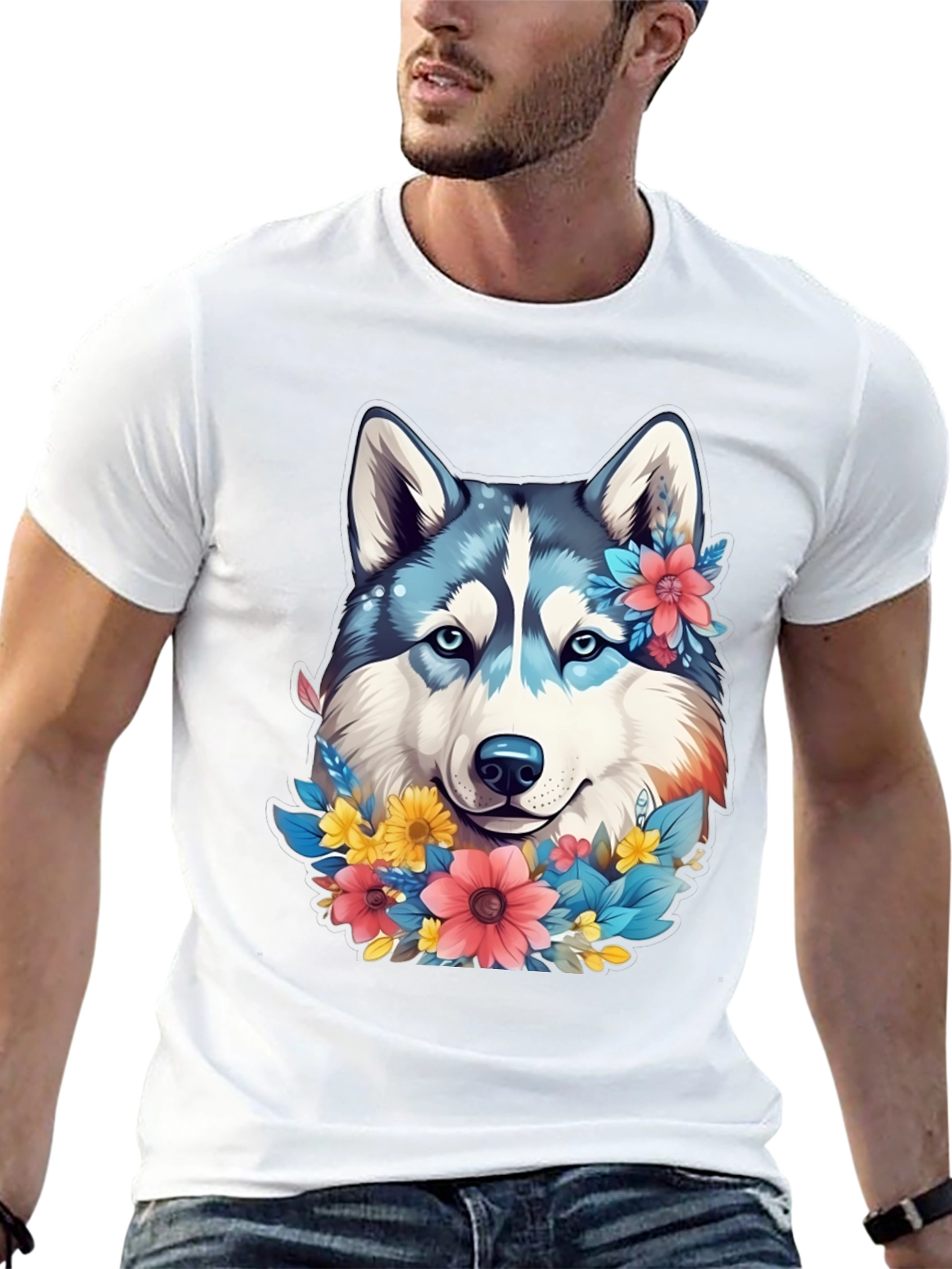 Floral Husky Graphic Tee - Unisex Black T-Shirt