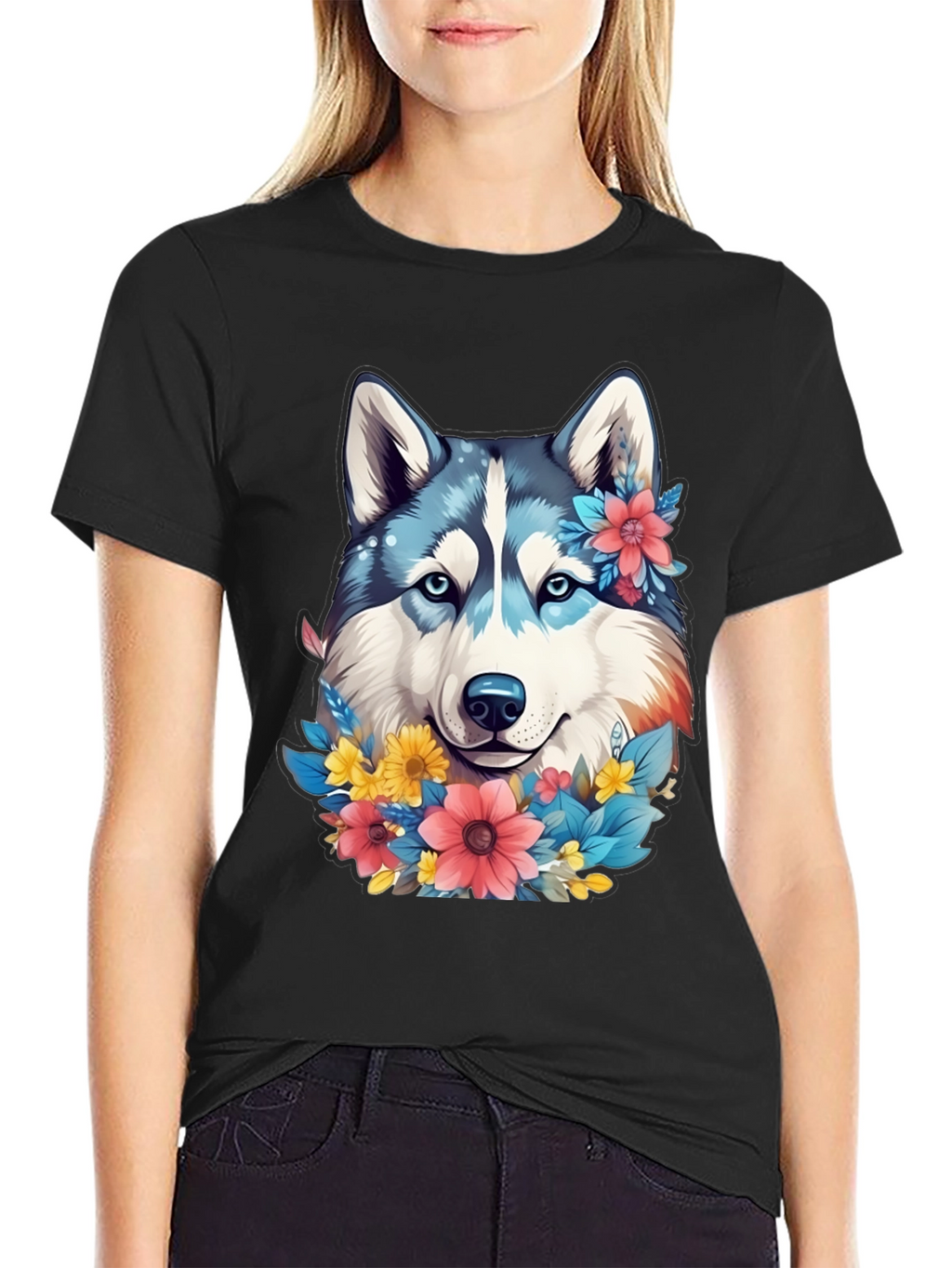 Floral Husky Graphic Tee - Unisex Black T-Shirt