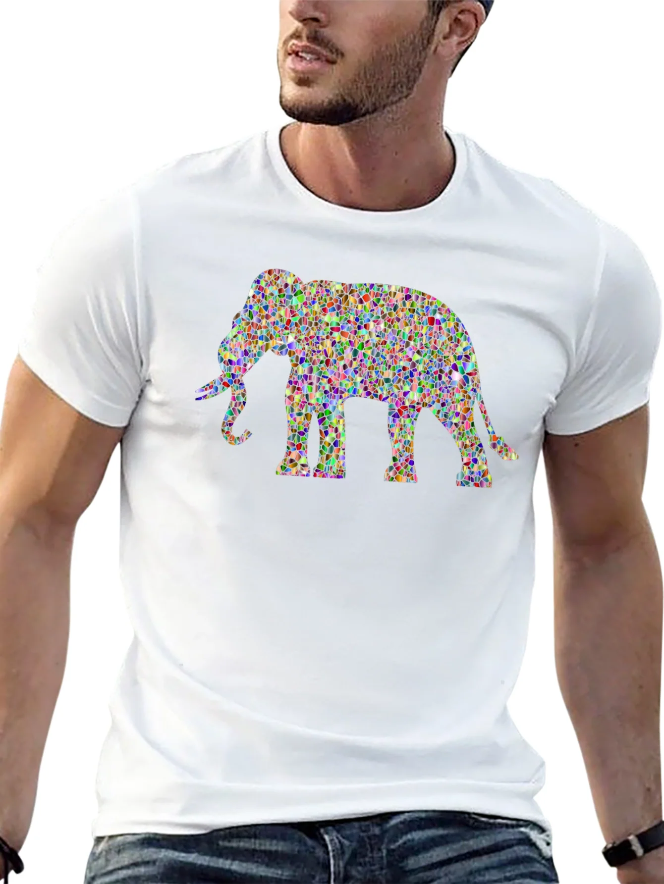 Colorful Elephant Graphic Tee - Black Cotton T-Shirt