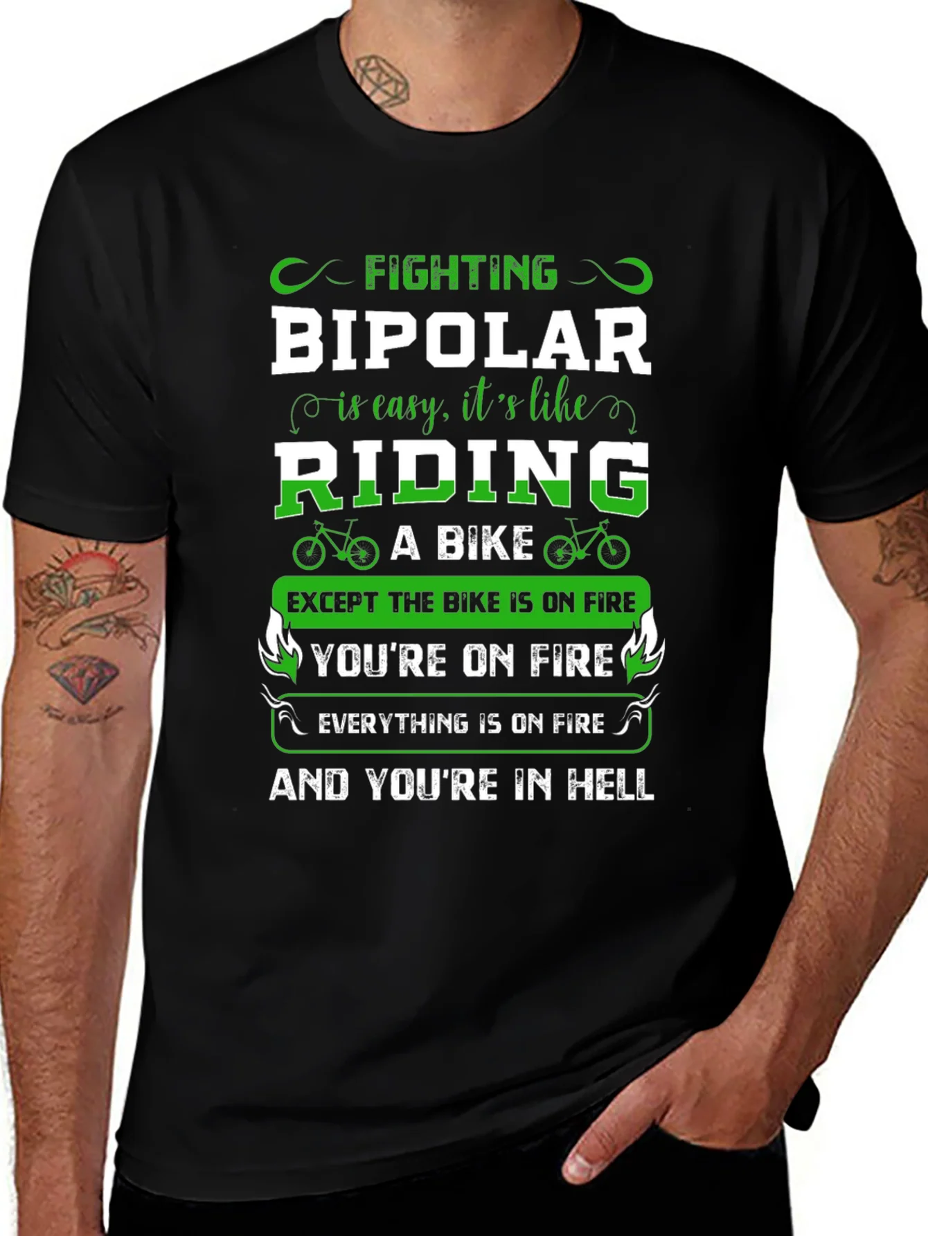 Fighting Bipolar T-Shirt - Riding A Bike in Hell Humor Tee
