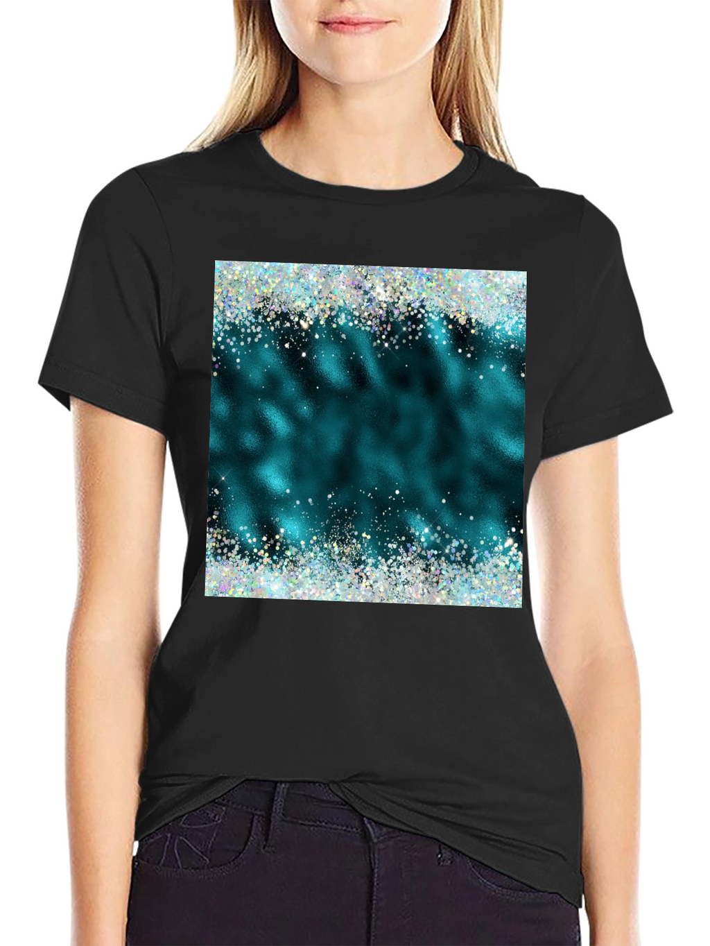 Teal Sparkle Graphic Tee - Trendy Casual Shirt
