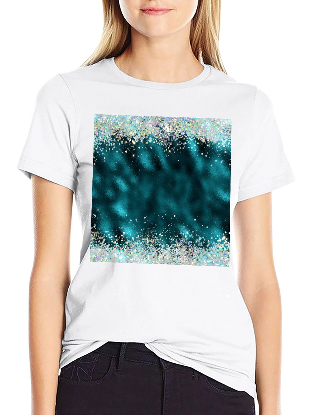 Teal Sparkle Graphic Tee - Trendy Casual Shirt