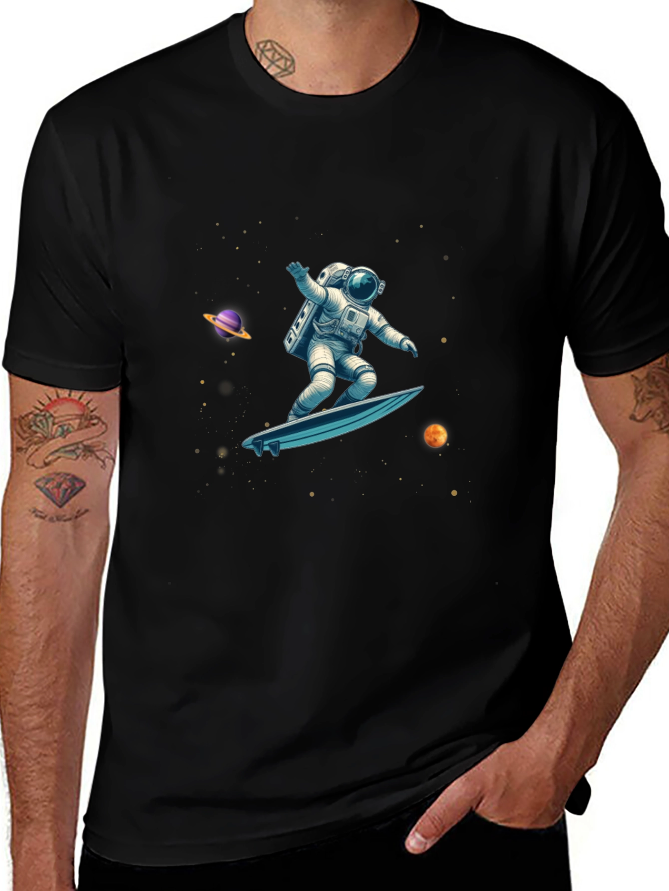 Astronaut Space Surfer Graphic Tee - Black Cotton
