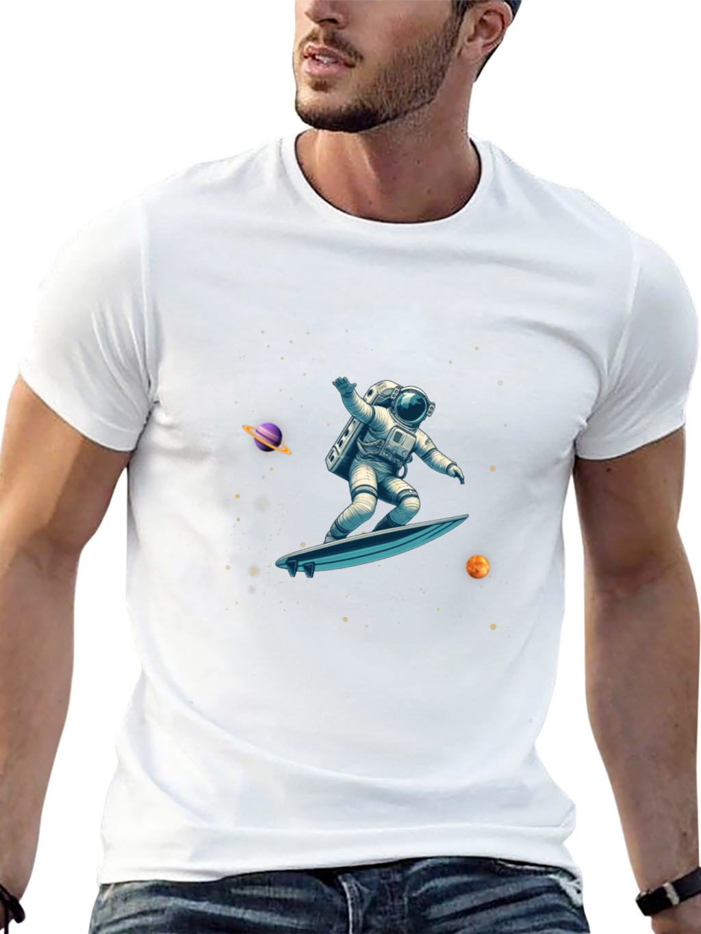 Astronaut Space Surfer Graphic Tee - Black Cotton
