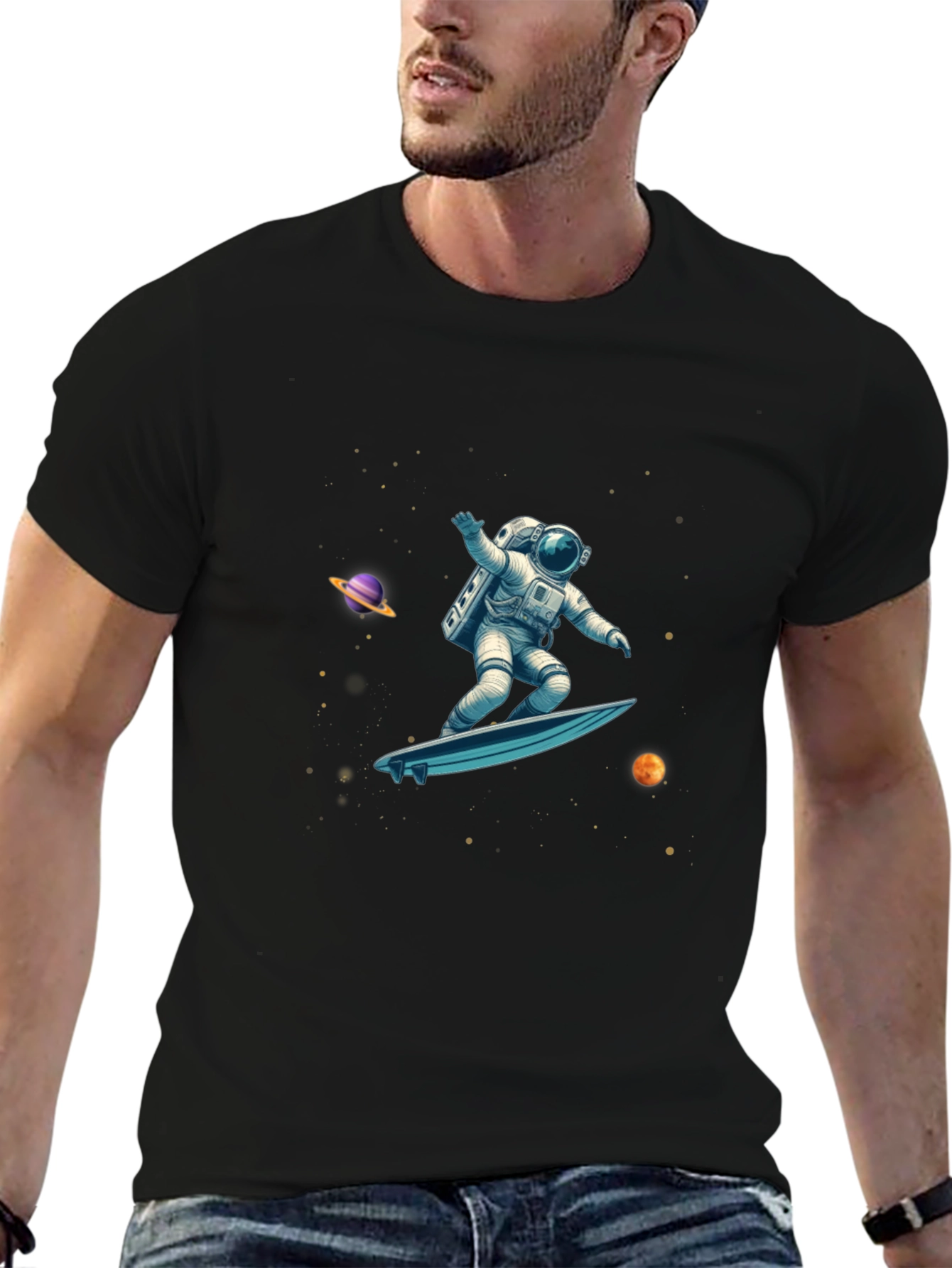 Astronaut Space Surfer Graphic Tee - Black Cotton