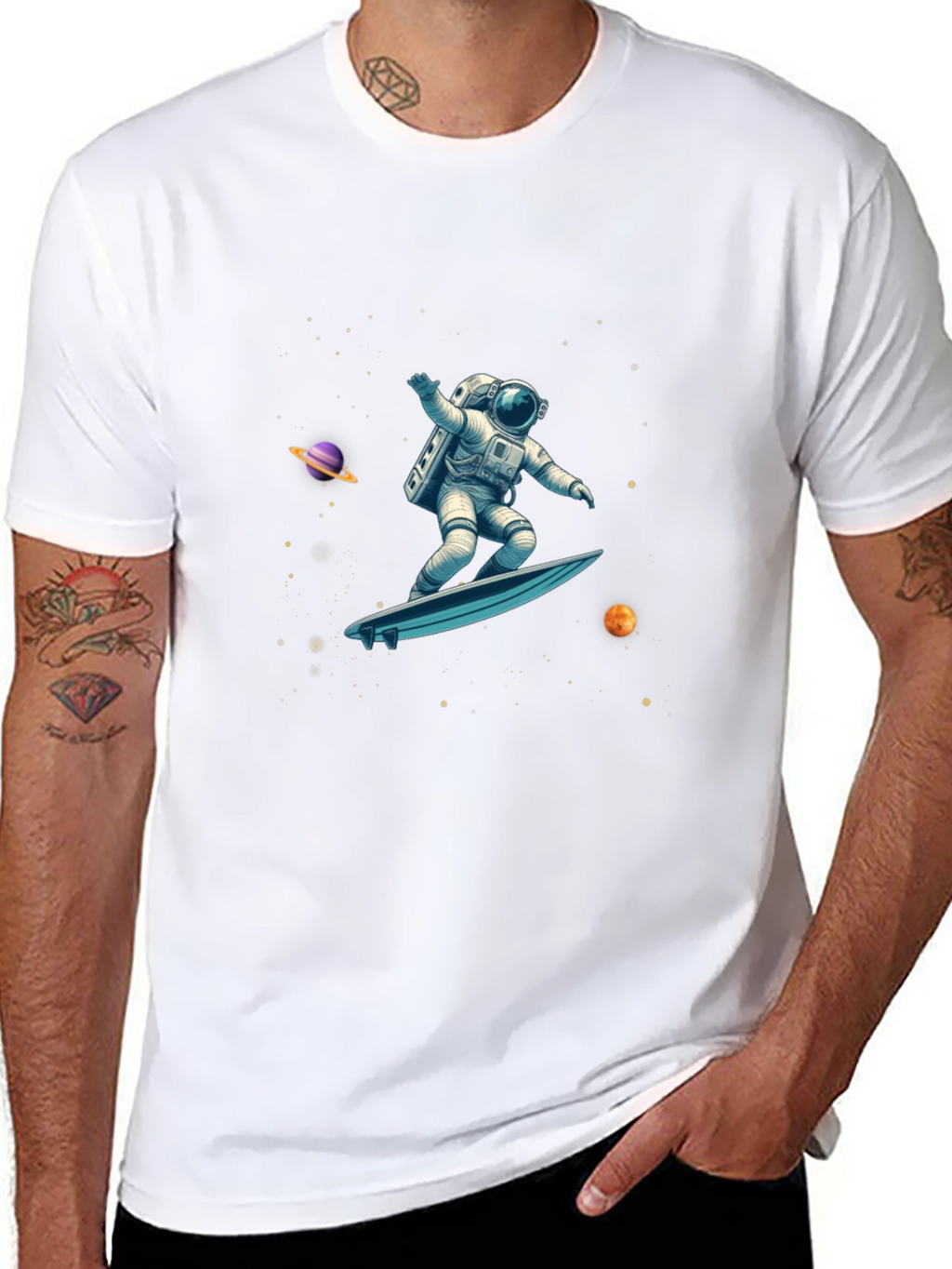 Astronaut Space Surfer Graphic Tee - Black Cotton