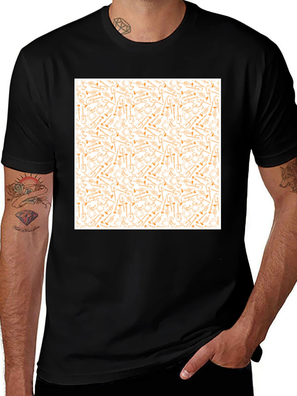 Musical Instrument Patterned Black T-Shirt