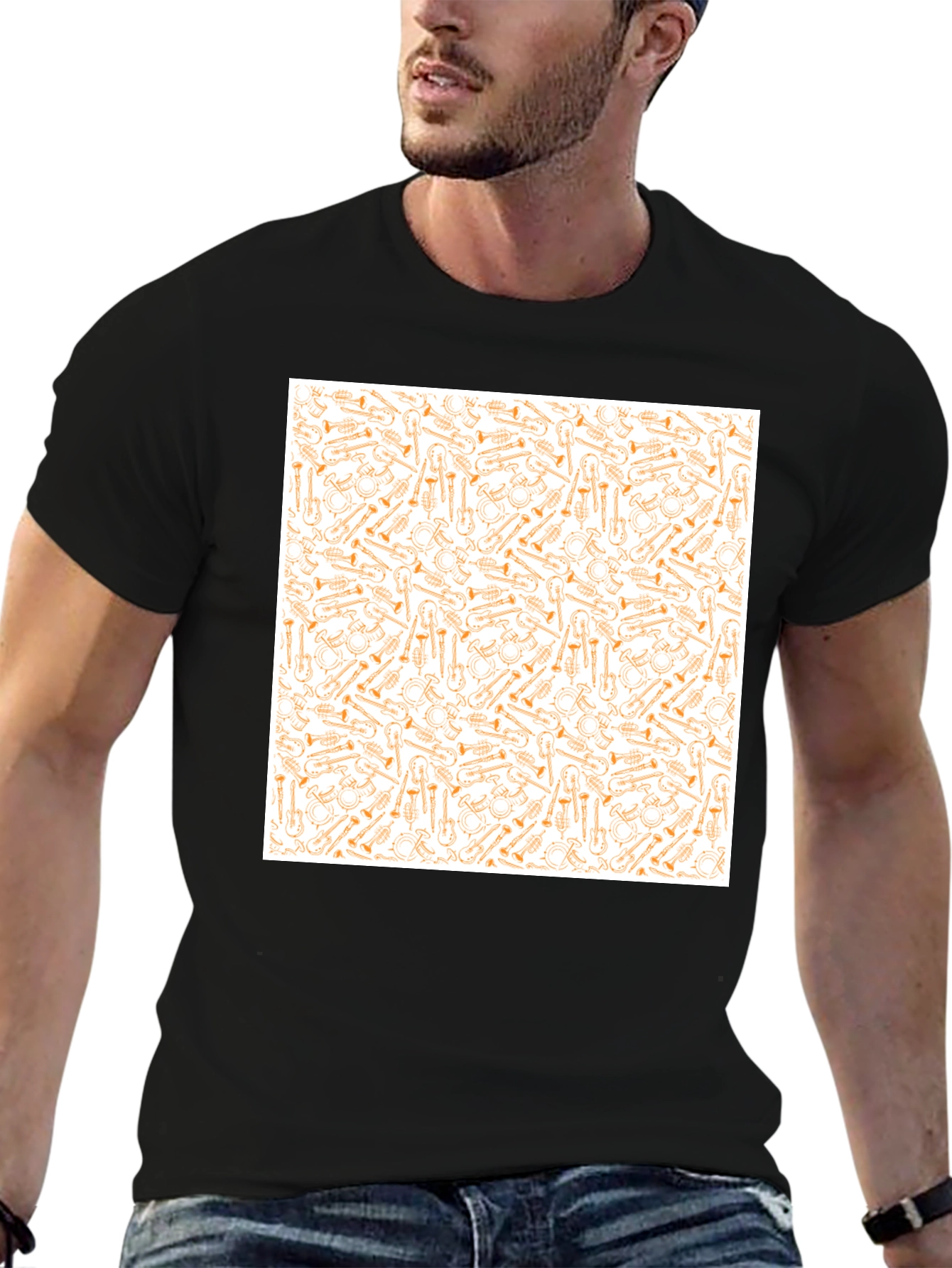 Musical Instrument Patterned Black T-Shirt