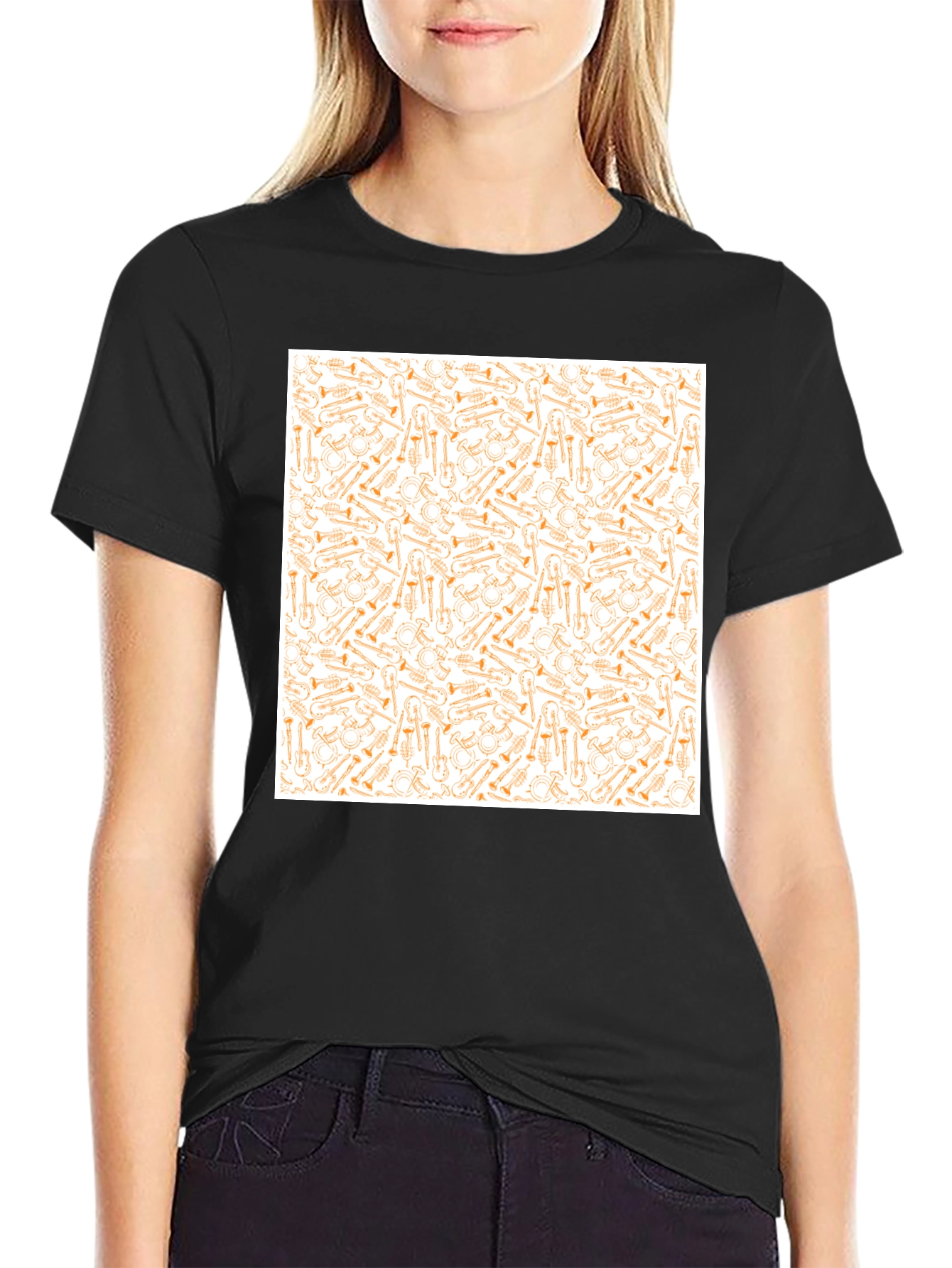 Musical Instrument Patterned Black T-Shirt