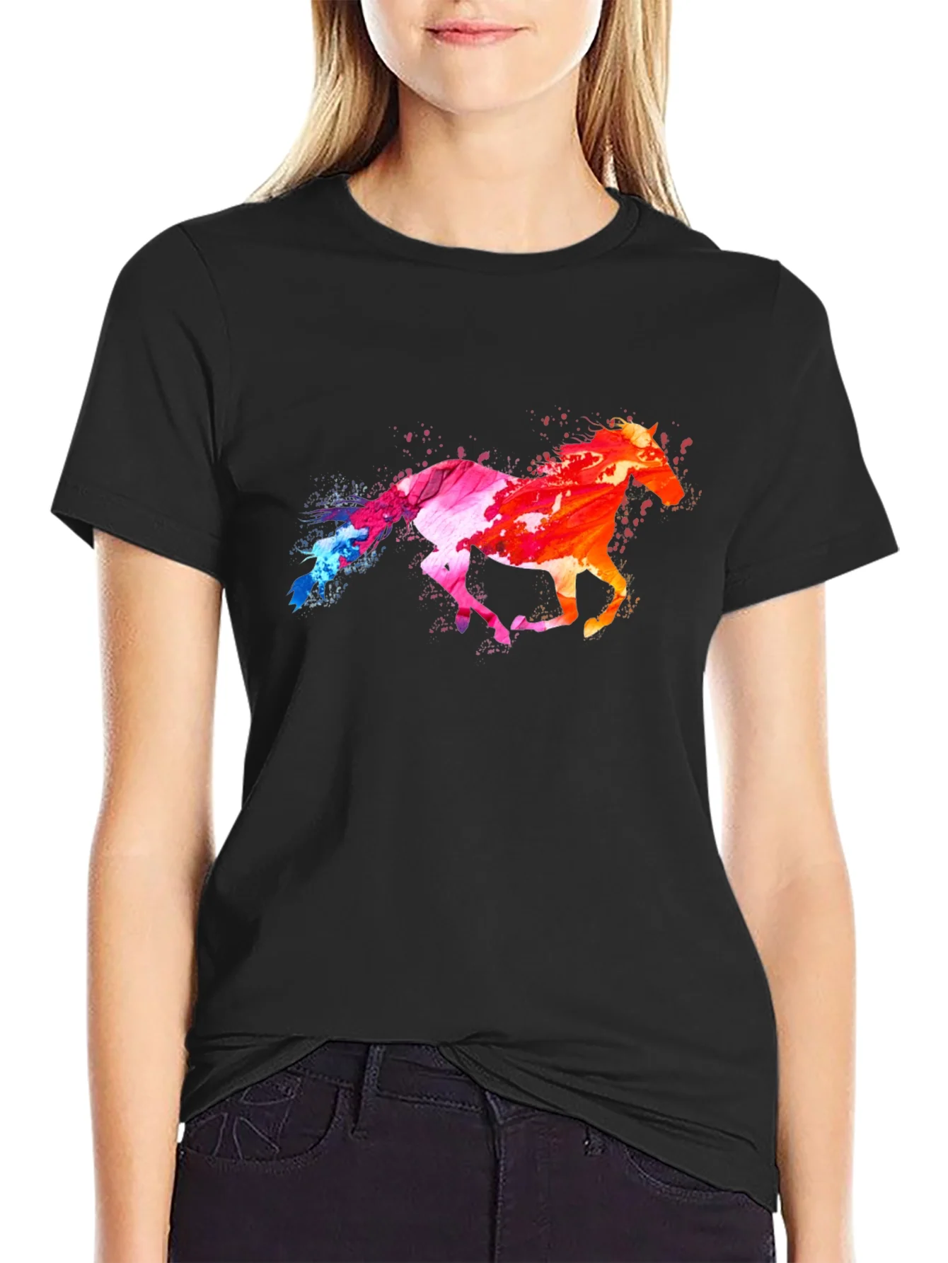 Colorful Horse Graphic Black T-Shirt