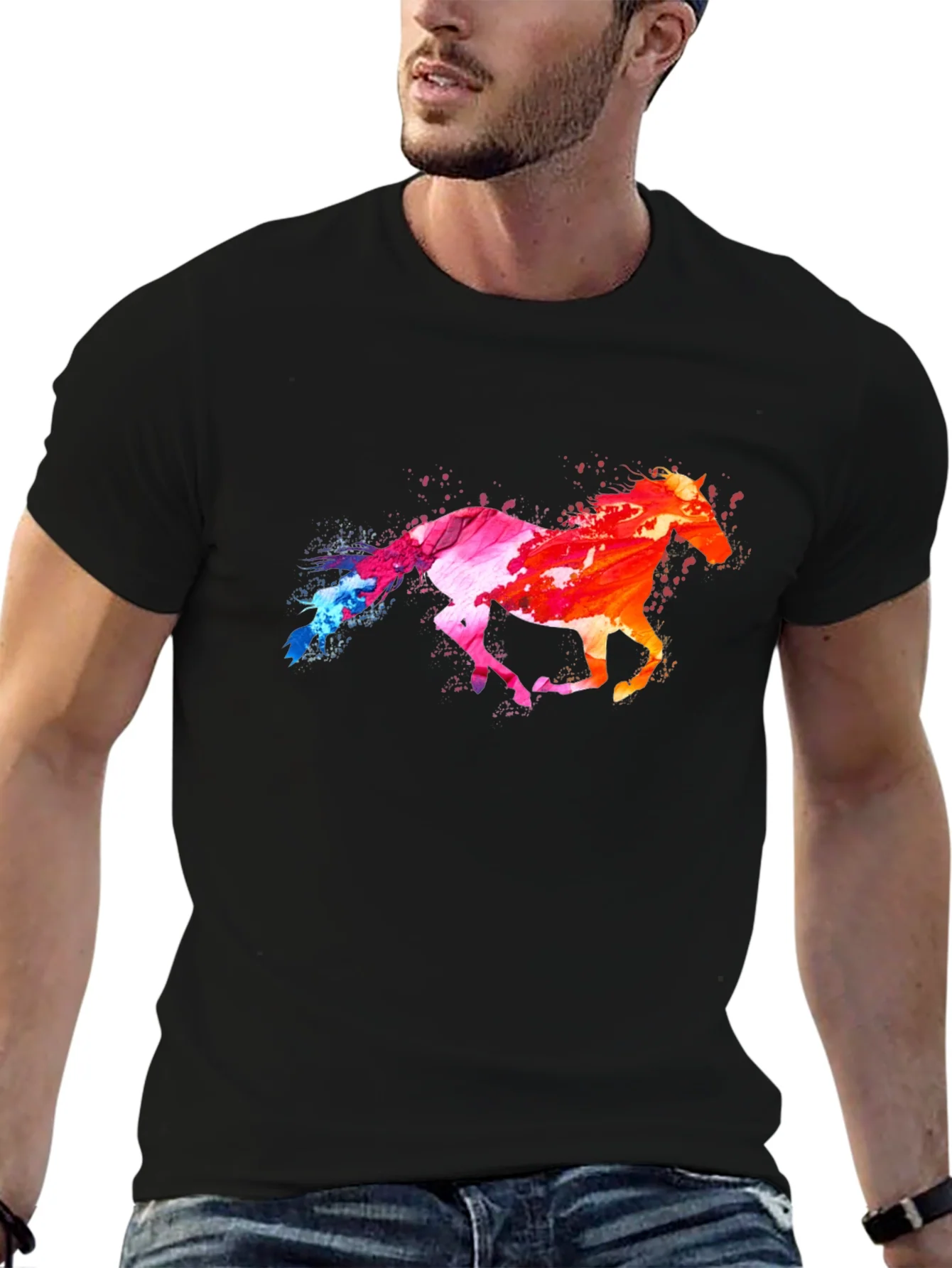 Colorful Horse Graphic Black T-Shirt