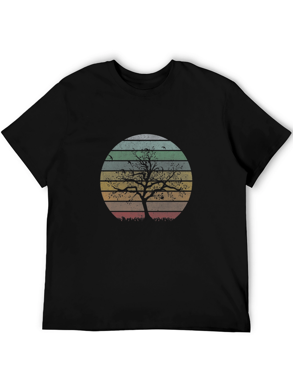 Retro Sunset Tree Graphic Tee - Black Cotton Blend