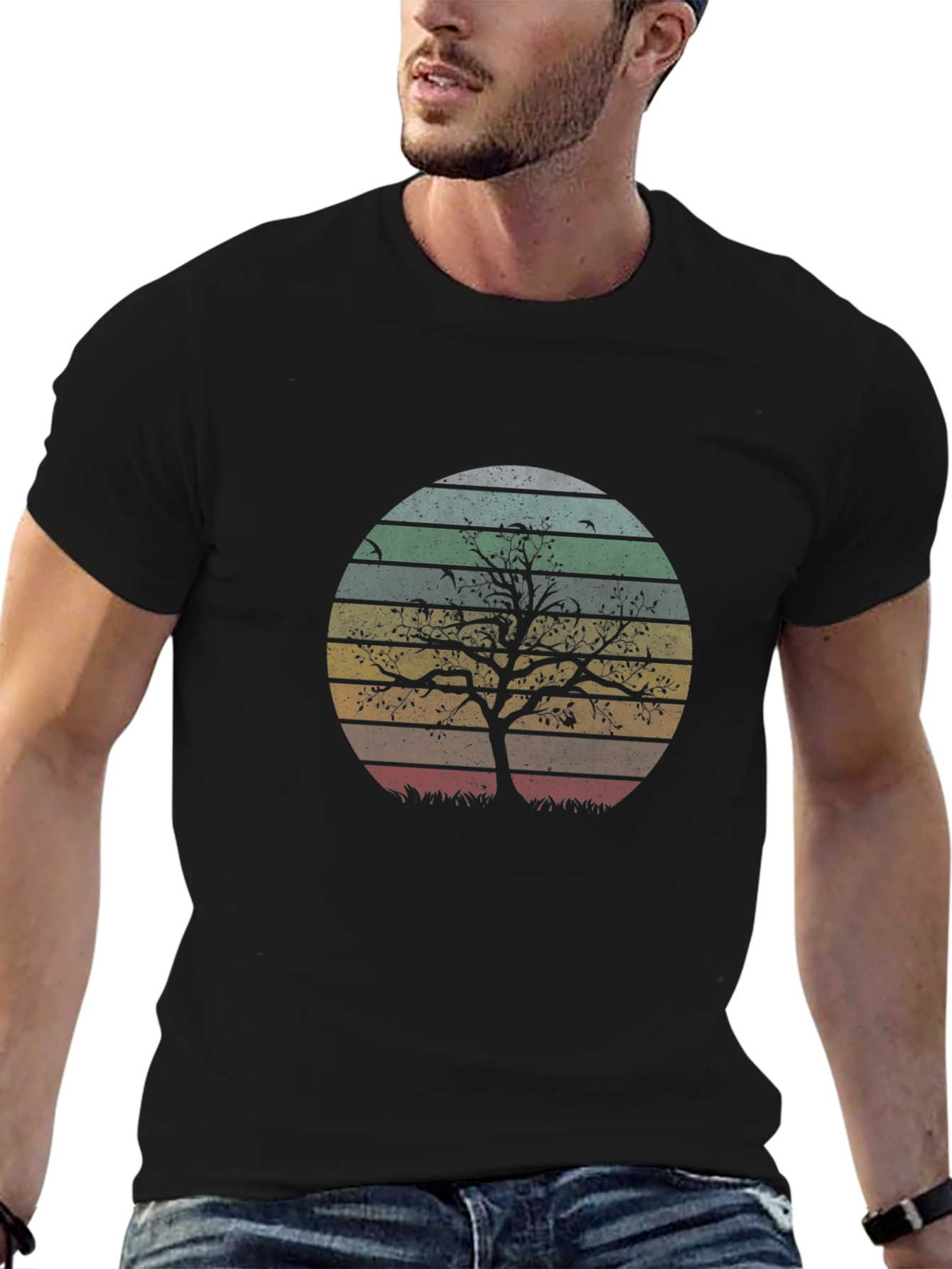 Retro Sunset Tree Graphic Tee - Black Cotton Blend