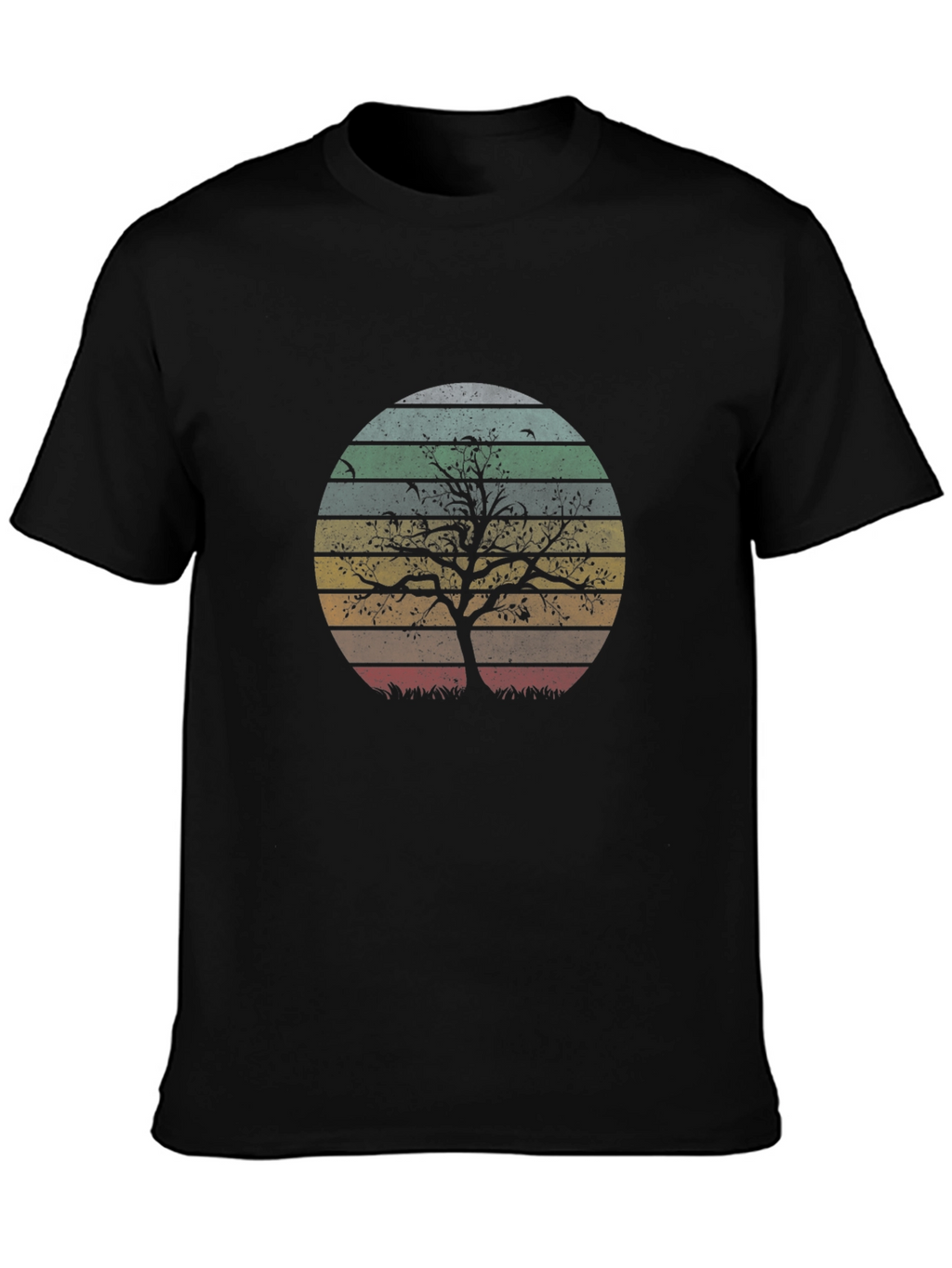 Retro Sunset Tree Graphic Tee - Black Cotton Blend