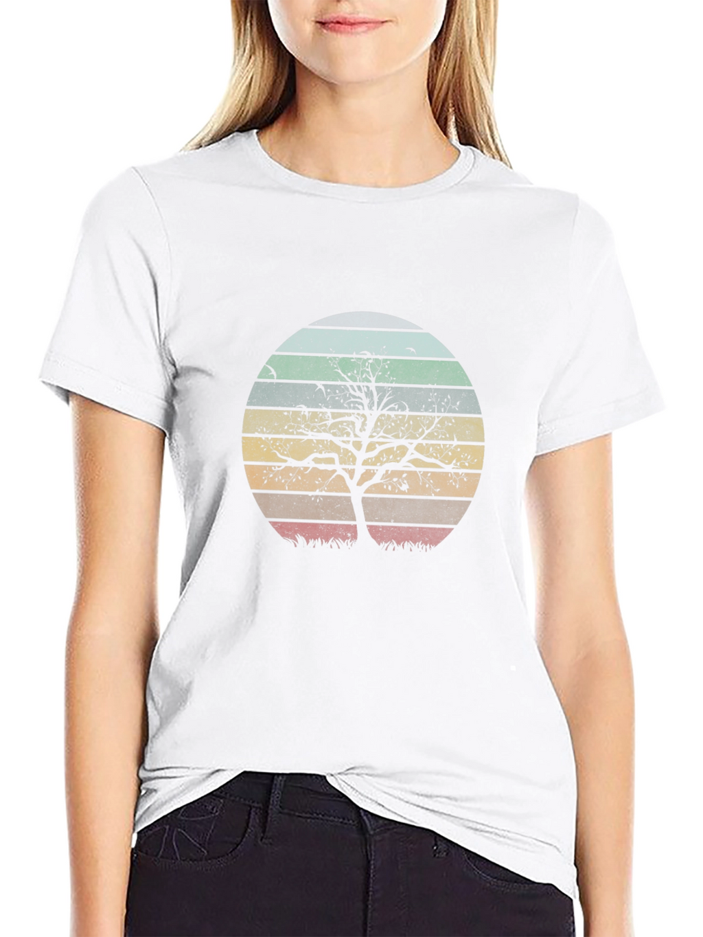 Retro Sunset Tree Graphic Tee - Black Cotton Blend