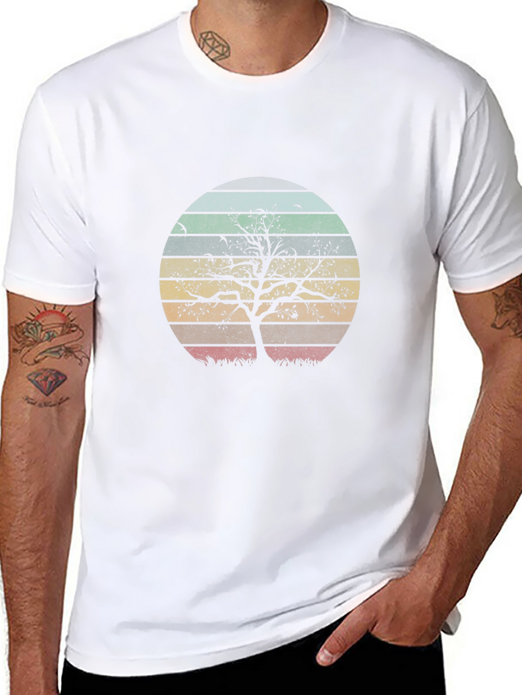 Retro Sunset Tree Graphic Tee - Black Cotton Blend