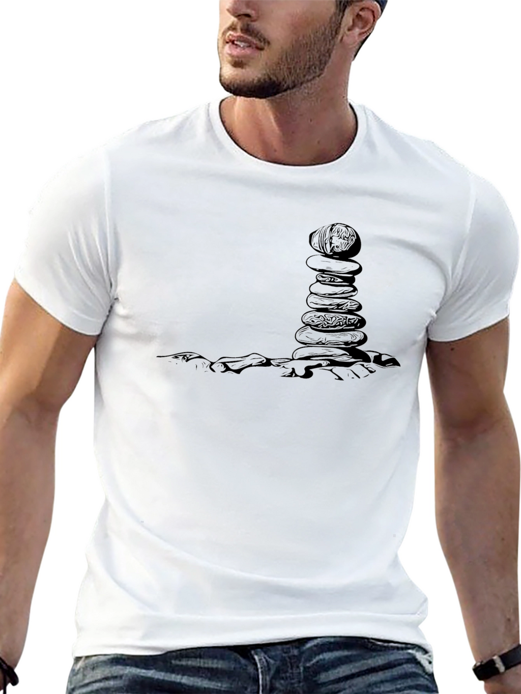 Mens Black T-Shirt with Rock Balancing Design
