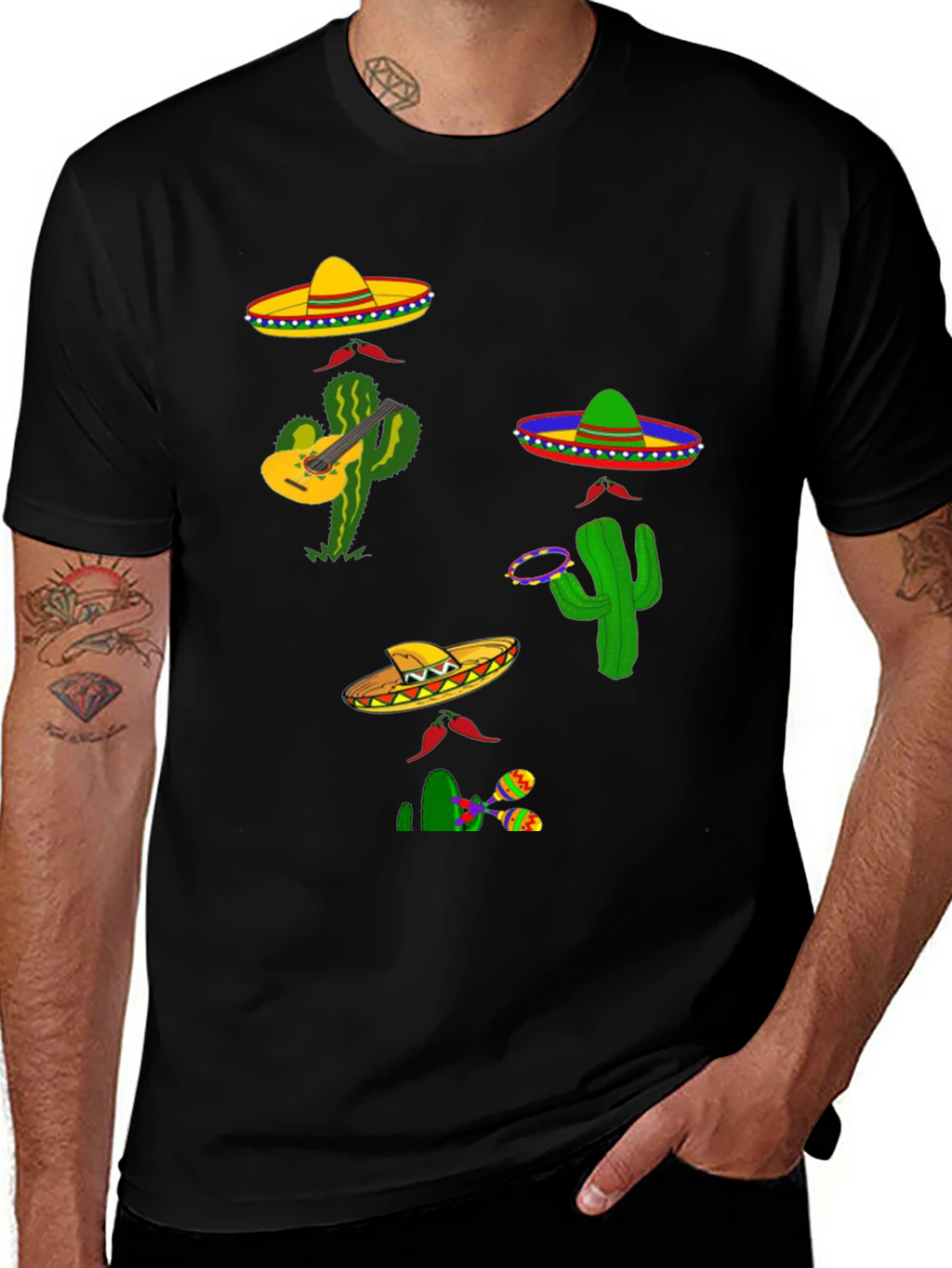 Festive Fiesta T-Shirt: Sombreros Cacti and Musical Fun