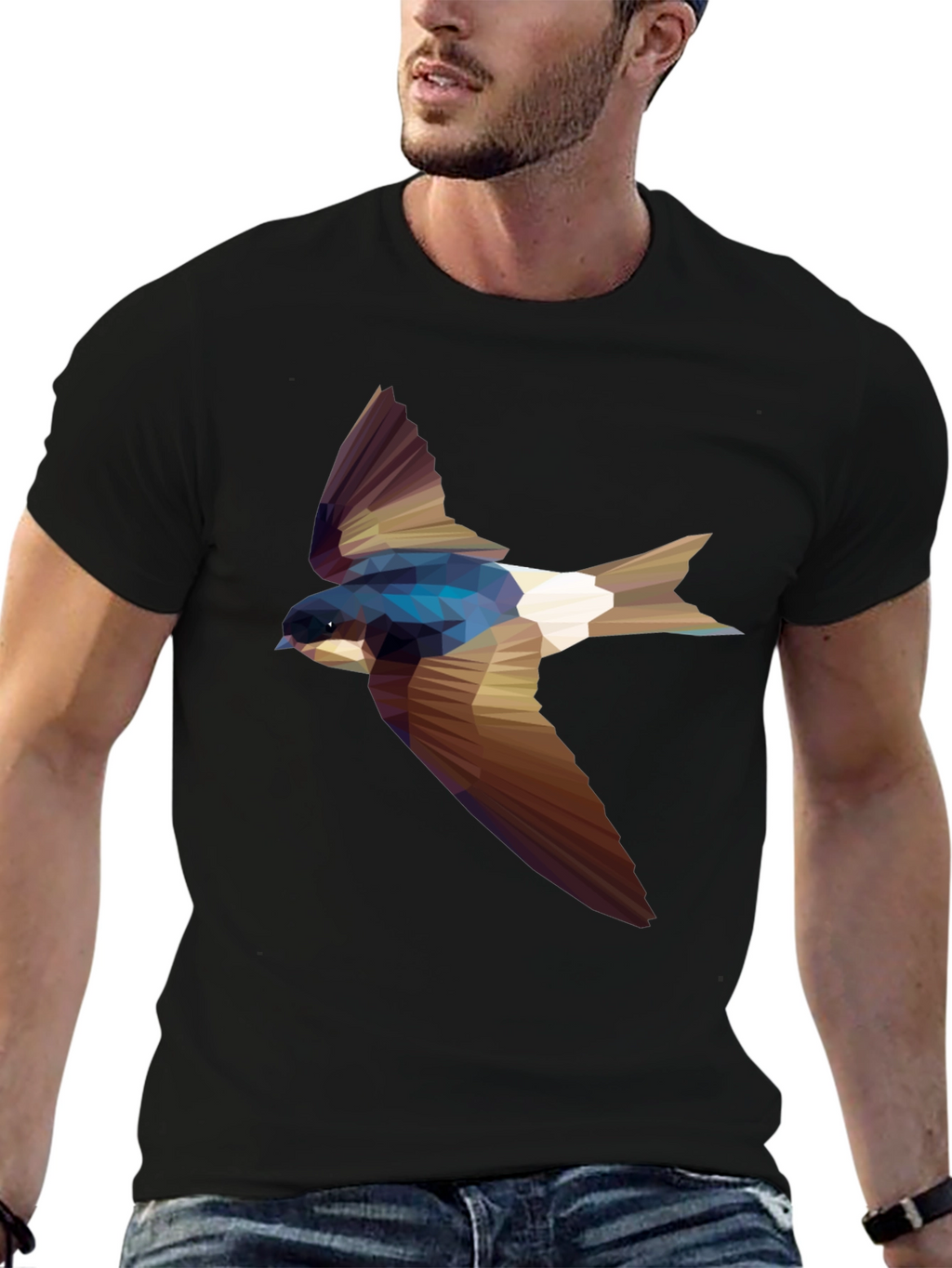 Geometric Swallow Print Black T-Shirt