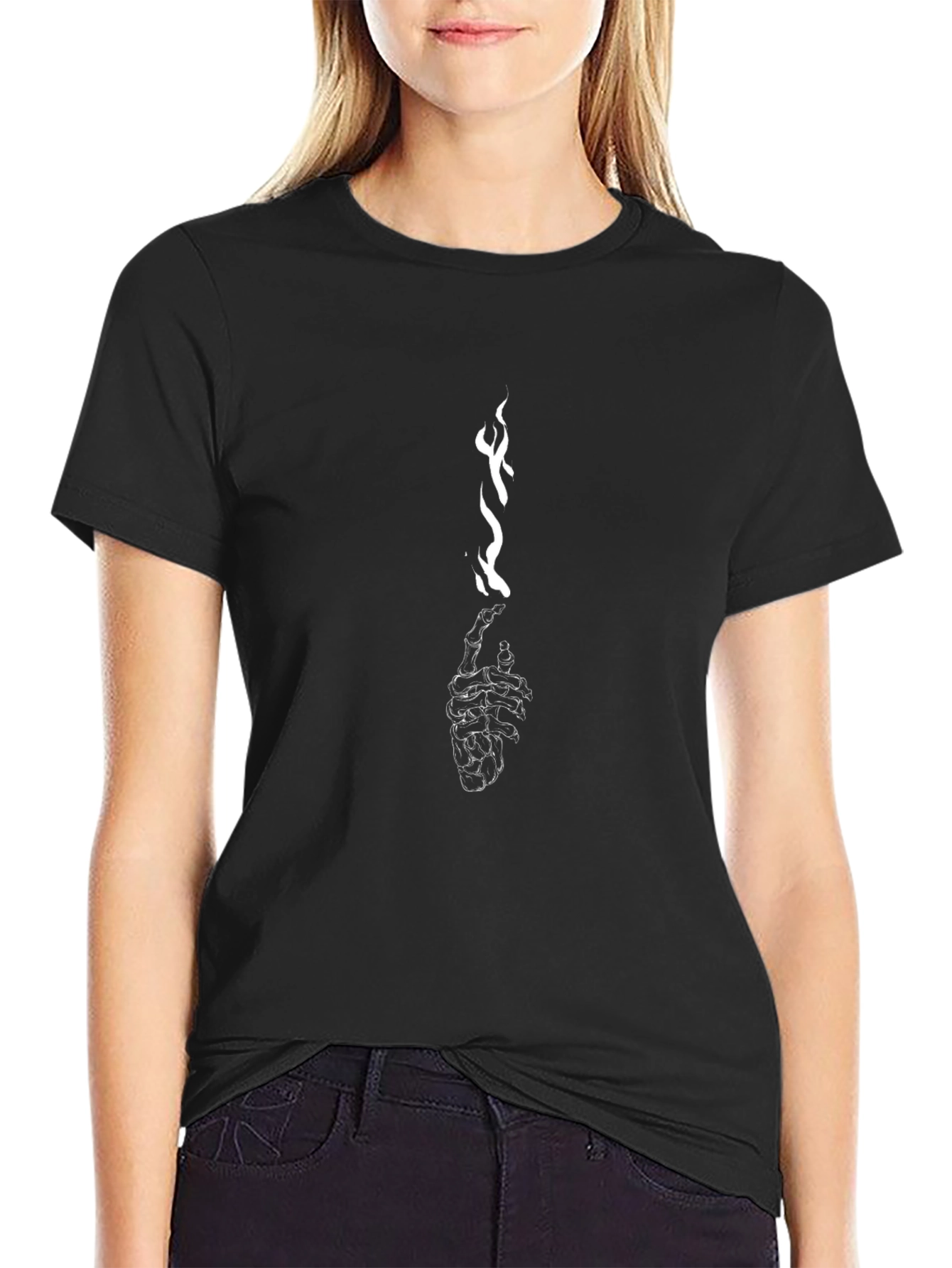 Black T-Shirt with Skeleton Hand & Flame Graphic