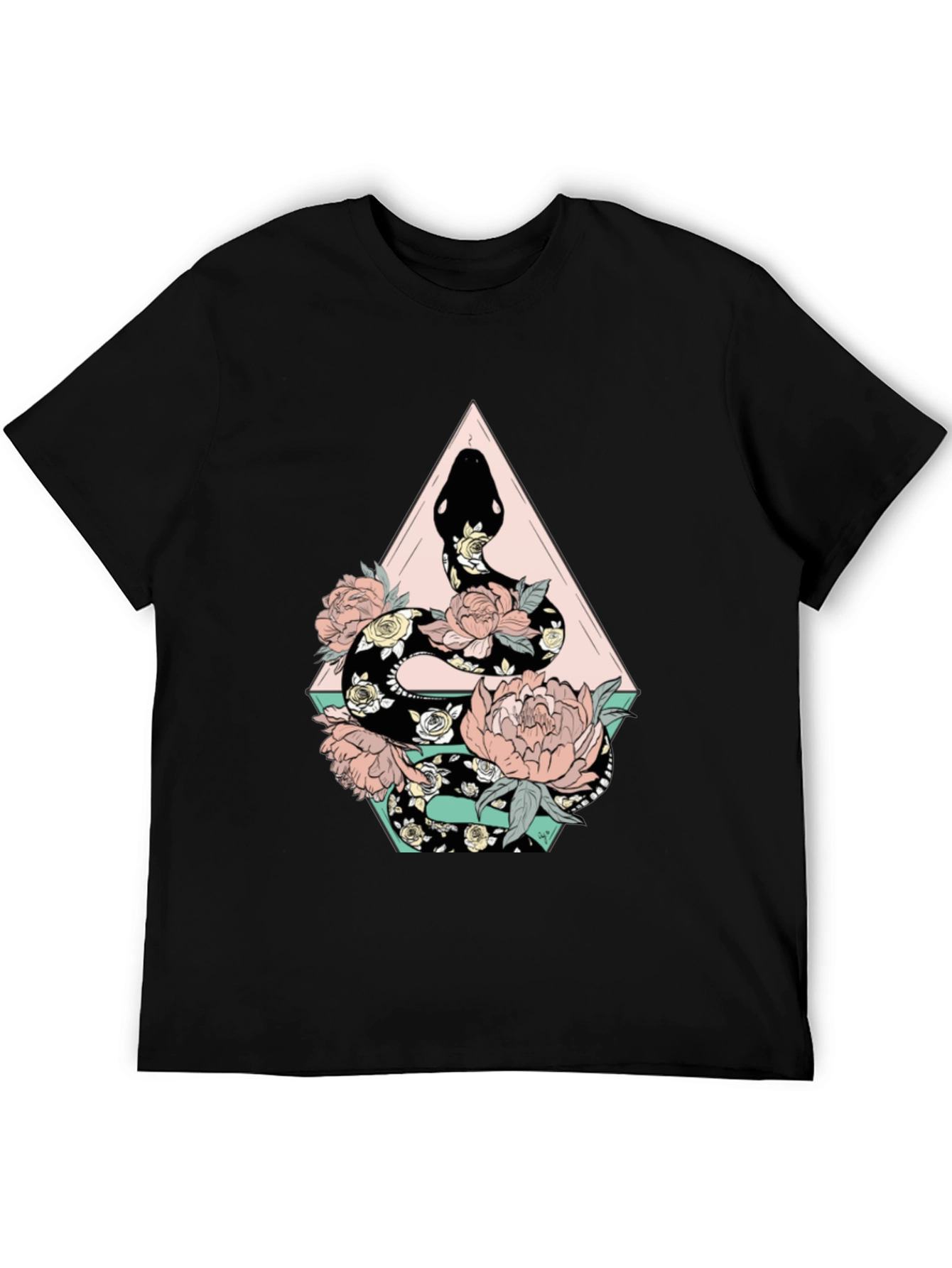 Floral Snake Graphic Tee - Stylish Black T-Shirt
