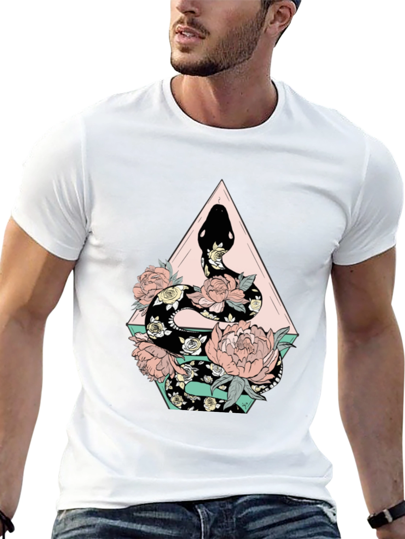 Floral Snake Graphic Tee - Stylish Black T-Shirt