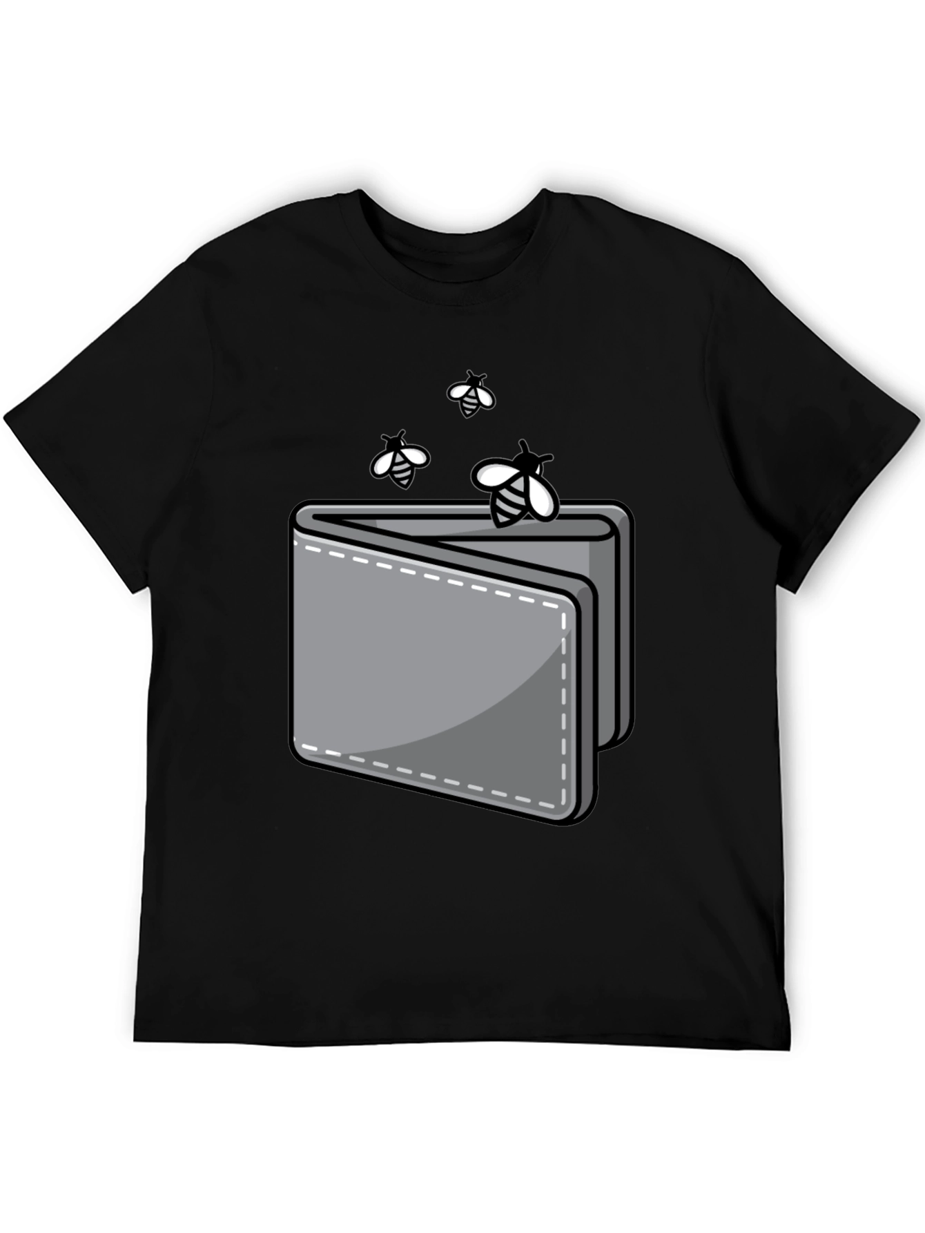 Funny Wallet and Bees Graphic Tee - Black Crew Neck Shirt