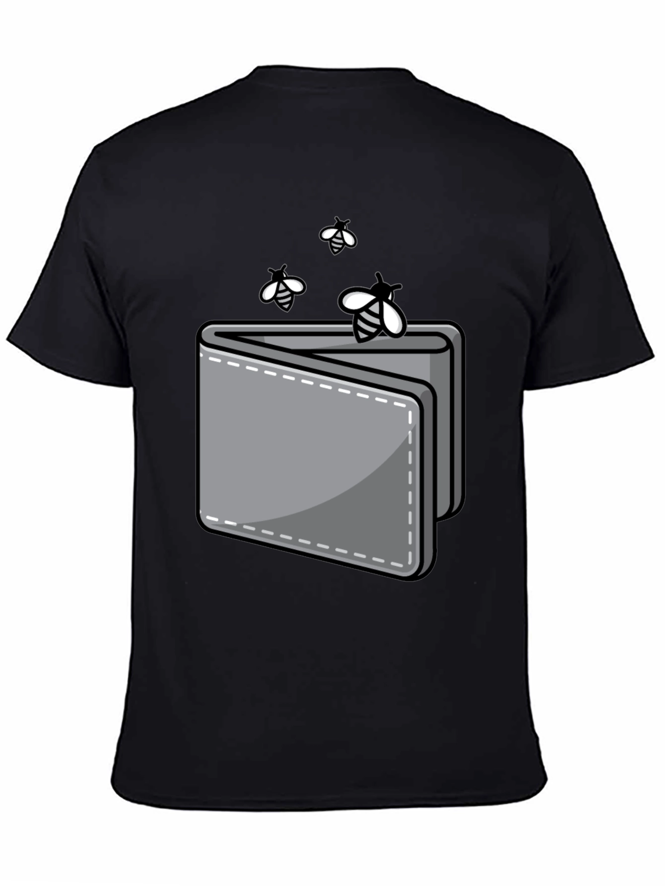 Funny Wallet and Bees Graphic Tee - Black Crew Neck Shirt