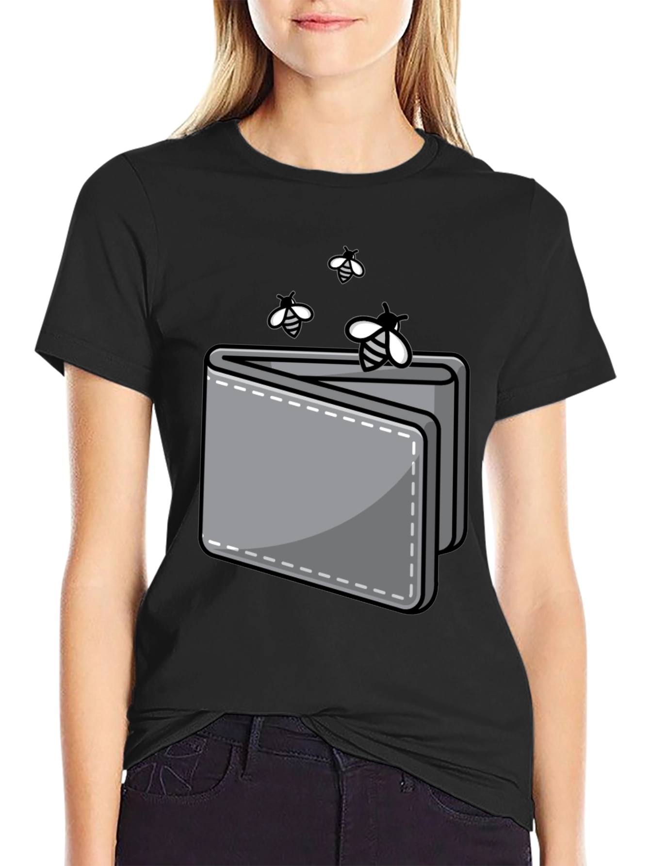 Funny Wallet and Bees Graphic Tee - Black Crew Neck Shirt