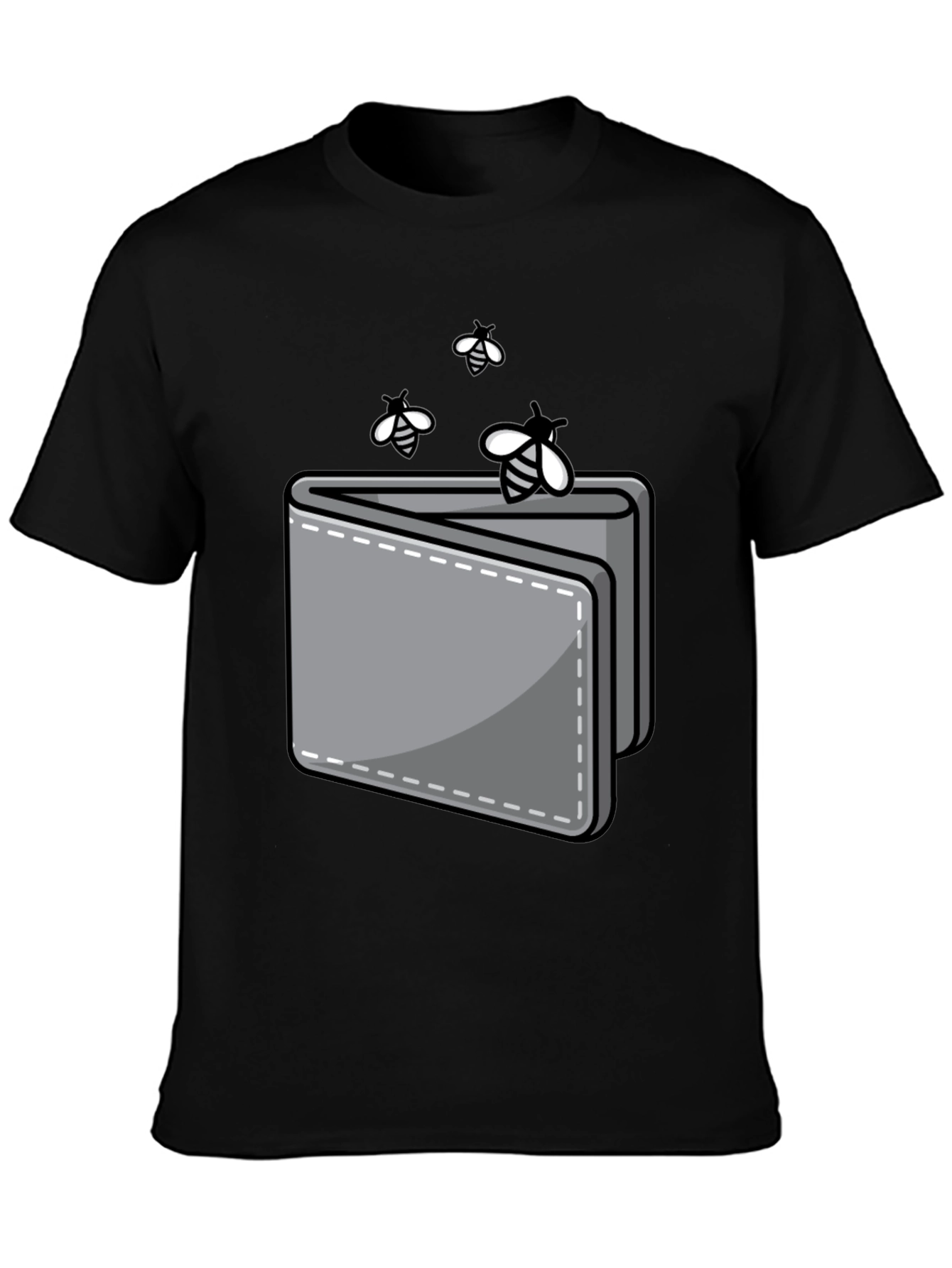 Funny Wallet and Bees Graphic Tee - Black Crew Neck Shirt